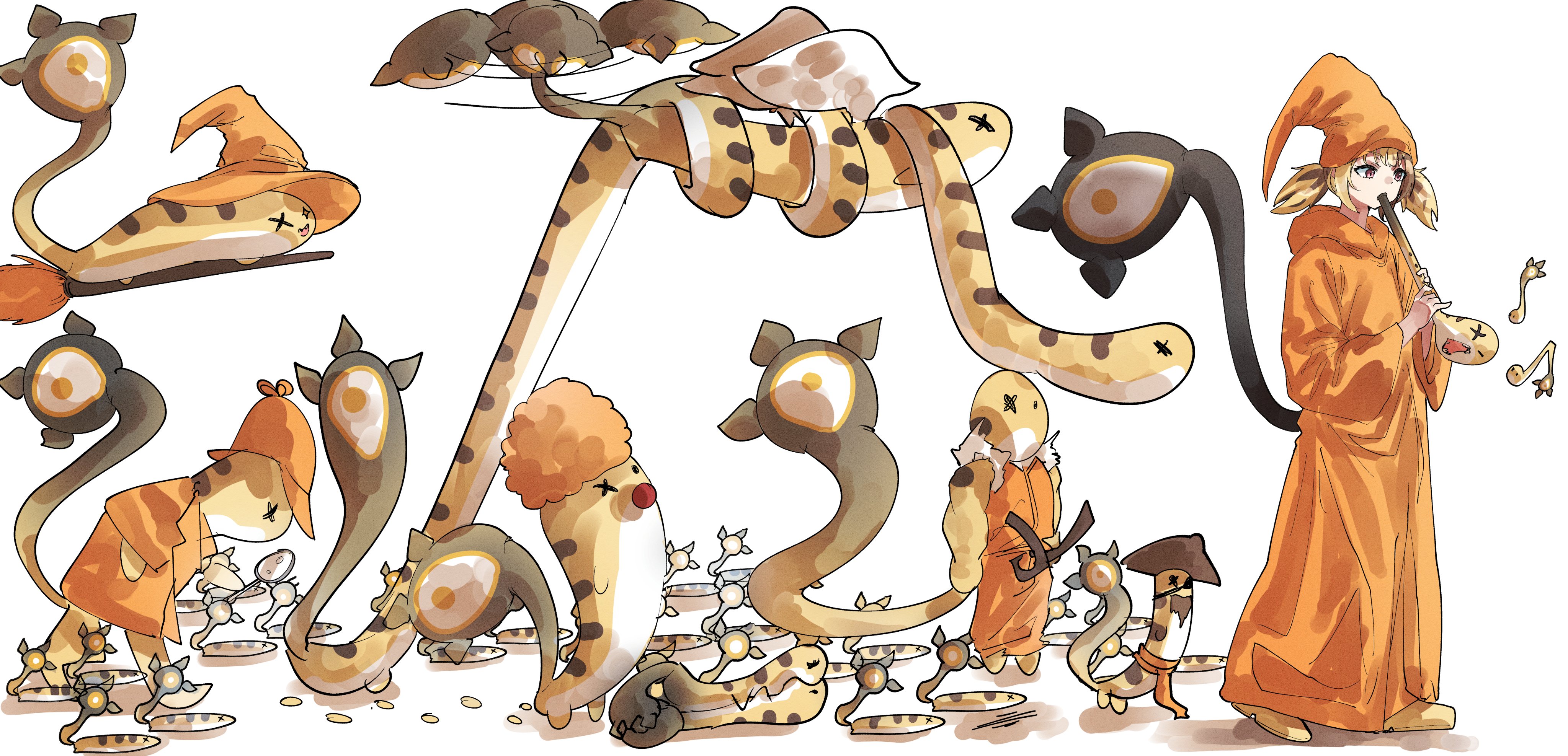 mazo kunn, gigi murin, grem (gigi murin), hololive, hololive english, the pied piper of hamelin, absurdres, copyright request, highres, blonde hair, brown hair, clown nose, flute, hat, instrument, multicolored hair, multiple tails, musical note, shoes, standing, tail, wizard hat