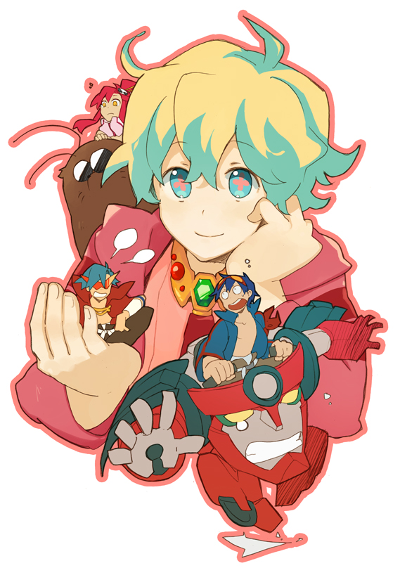 luo zi, raku ji, boota (ttgl), kamina (ttgl), nia teppelin, simon (ttgl), yoko littner, tengen toppa gurren lagann, + +, 00s, 2boys, 2girls, black hair, blonde hair, blue eyes, blue hair, brooch, cross-shaped pupils, curly hair, gem, goggles, goggles on head, jewelry, machinery, multicolored hair, multiple boys, multiple girls, red hair, short hair, simple background, size difference, smile, symbol-shaped pupils, two-tone hair, upper body, white background