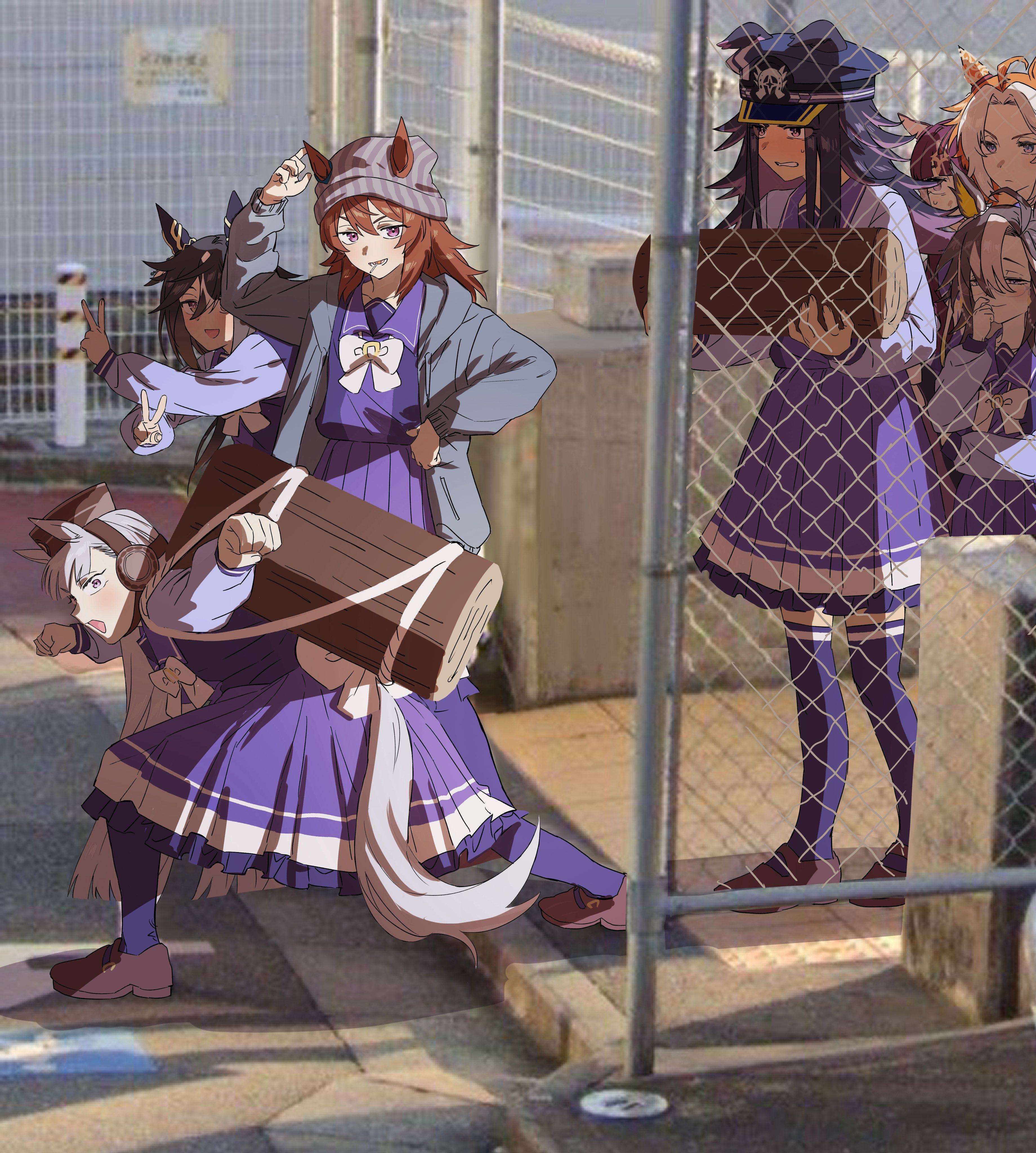 dream journey (umamusume), fenomeno (umamusume), gold ship (umamusume), lucky lilac (umamusume), nakayama festa (umamusume), orfevre (umamusume), stay gold (umamusume), umamusume, absurdres, commentary, hashtag-only commentary, highres, symbol-only commentary, 6+girls, ahoge, animal ears, beanie, blush, bow, bowtie, brown hair, colored bangs, double v, grey hair, grey jacket, hat, high school girls posing for google street view (meme), hood, hood down, hooded jacket, horse ears, horse girl, horse tail, jacket, loafers, log, long hair, long sleeves, looking at viewer, meme, multiple girls, open clothes, open jacket, peaked cap, photo background, pleated skirt, purple shirt, purple skirt, purple thighhighs, school uniform, shirt, shoes, skirt, stay gold clan (umamusume), tail, thighhighs, tracen school uniform, umagamja, v, white bow, white bowtie
