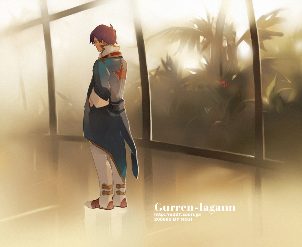 luo zi, raku ji, simon (ttgl), tengen toppa gurren lagann, 00s, 1boy, blue hair, male focus, plant, short hair, solo