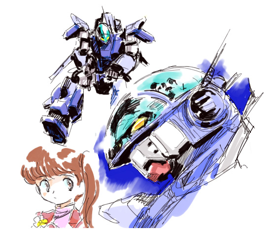 shijou yukimasa, anna stephanie, aoki ryuusei spt layzner, 1girl, armor, blunt bangs, brown hair, glass, green eyes, long hair, looking at viewer, machinery, mecha, ponytail, robot, simple background, white background