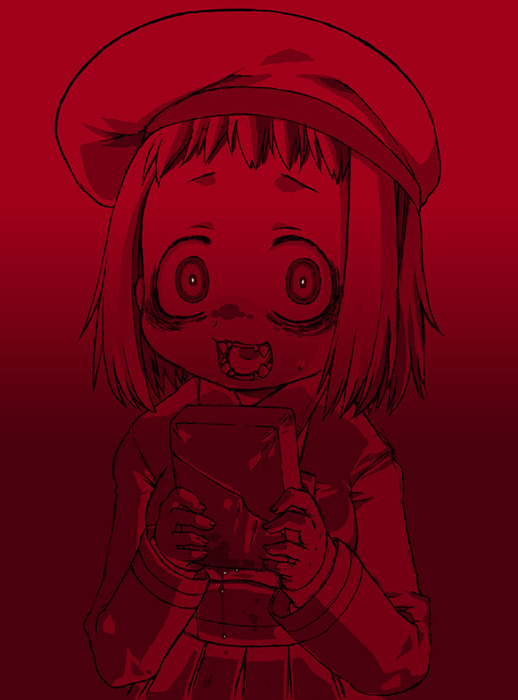 harukaze unipo, unipo, yukari-chan, original, bad id, bad pixiv id, 1girl, blood, constricted pupils, crazy eyes, creepy, fangs, female focus, hat, holding, horror (theme), looking at viewer, open mouth, red theme, solo, teeth, valentine, zombie