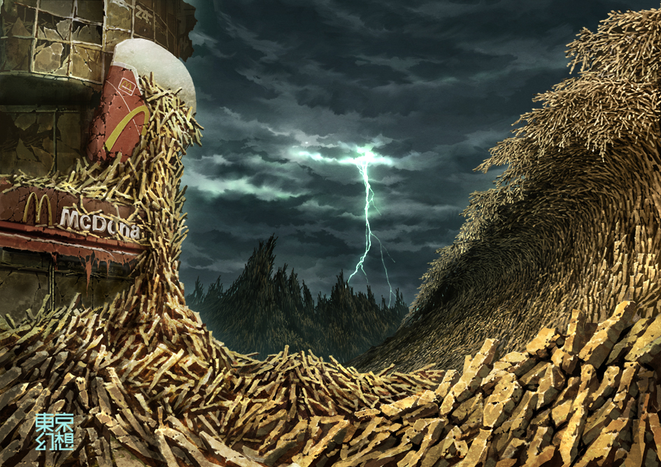 tokyogenso, mcdonald's, original, cloud, dark, dark cloud, epic, food, french fries, landscape, lightning, no humans, outdoors, overcast, oversized food, oversized object, post-apocalypse, ruins, scenery, sky, what