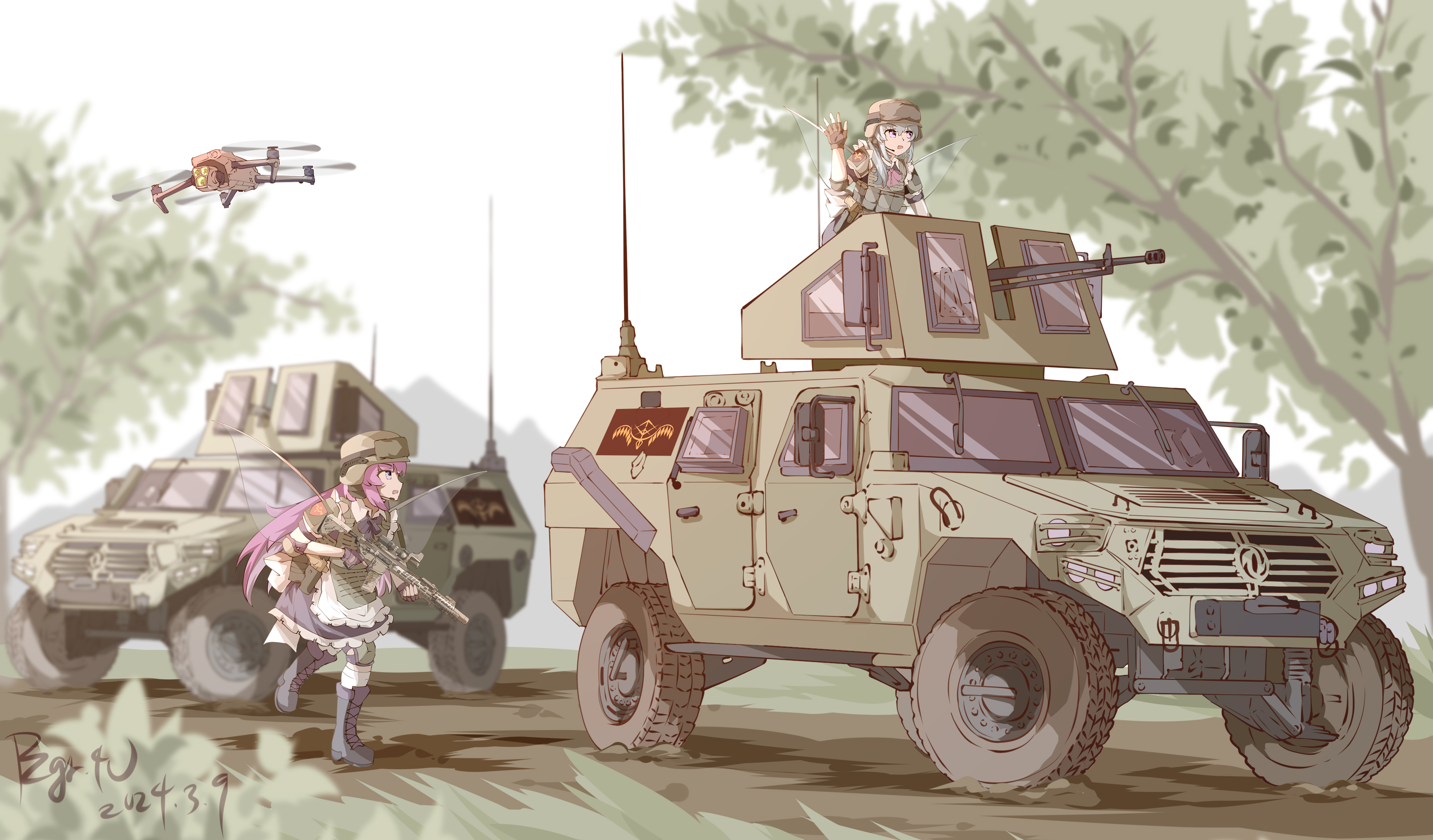 pzgr.40, fairy maid (touhou), touhou, absurdres, highres, armored personnel carrier, armored vehicle, assault rifle, ballistic shield, boots, dirt road, drone, emblem, gloves, goggles, goggles on headwear, gun, helmet, holding, holding gun, holding weapon, humvee, jltv, machine gun, maid, military, military vehicle, motor vehicle, multiple girls, outdoors, rifle, road, shield, sig mcx, tree, weapon, wings