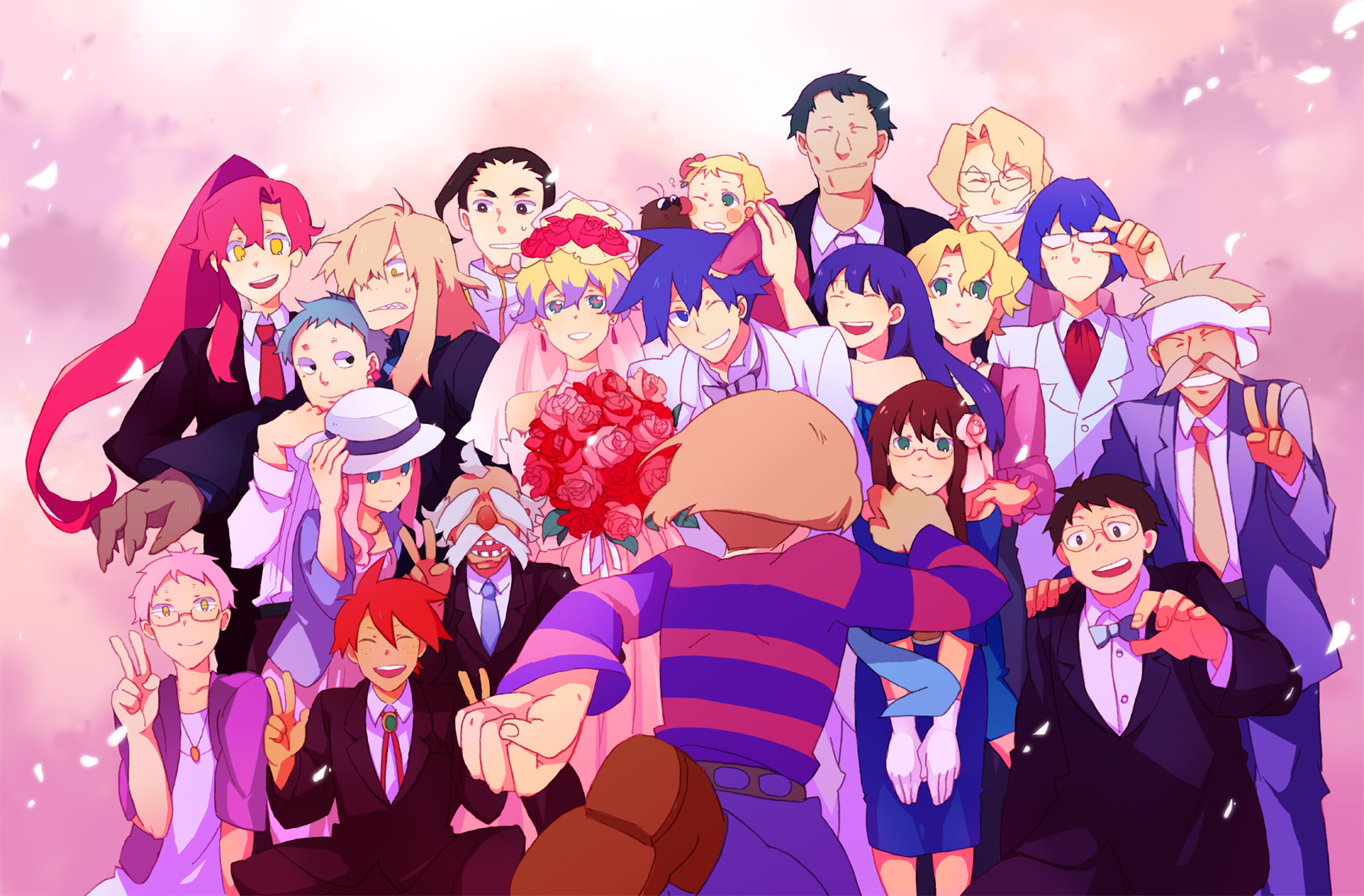 luo zi, raku ji, anne (ttgl), attenborough cortitch, boota (ttgl), cybela kuto, darry adai, gabal docker, gimmy adai, guinble, kinon bachika, kiyal bachika, kiyoh bachika, leeron littner, leite jokin, nia teppelin, old coco, rossiu adai, simon (ttgl), tetsukan, viral (ttgl), yoko littner, tengen toppa gurren lagann, highres, 00s, 6+boys, 6+girls, dress, everyone, flower, happy, multiple boys, multiple girls, rose, rosses, wedding, wedding dress