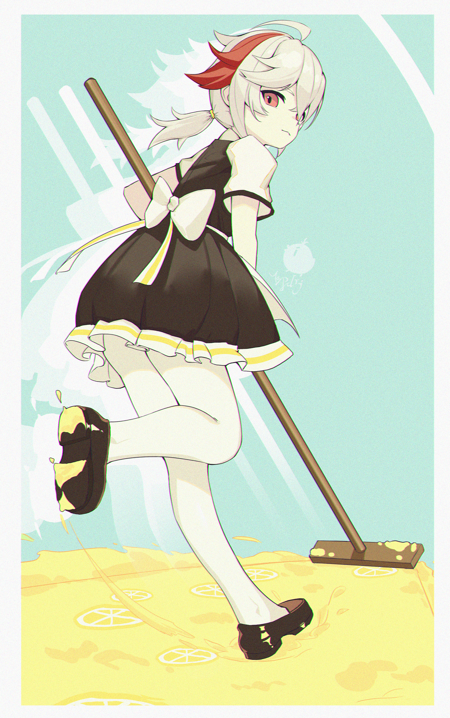 benpao de ruoji, kaedehara kazuha, genshin impact, absurdres, commentary request, highres, 1boy, alternate costume, apron, back bow, black dress, black shoes, blue background, border, bow, crossdressing, double-parted bangs, dress, drop shadow, enmaided, frilled dress, frills, from behind, full body, hair between eyes, hair flaps, hair tie, loafers, looking at viewer, low ponytail, maid, multicolored hair, pantyhose, ponytail, red hair, running, shoes, short sleeves, sidelocks, solo, streaked hair, trap, turning head, waist apron, white apron, white border, white hair, white pantyhose