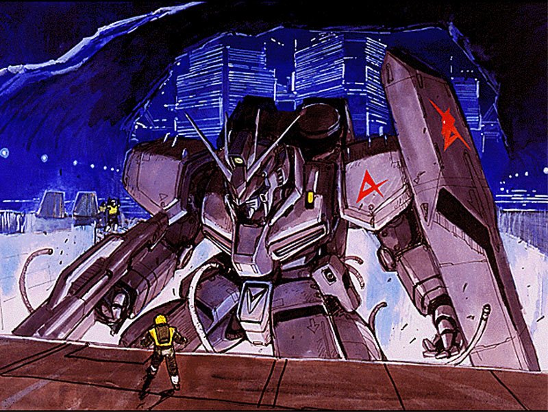 nu gundam, char's counterattack, gundam, 1980s (style), 2boys, beam rifle, cable, emblem, energy gun, gun, mecha, multiple boys, oldschool, retro artstyle, robot, shield, weapon