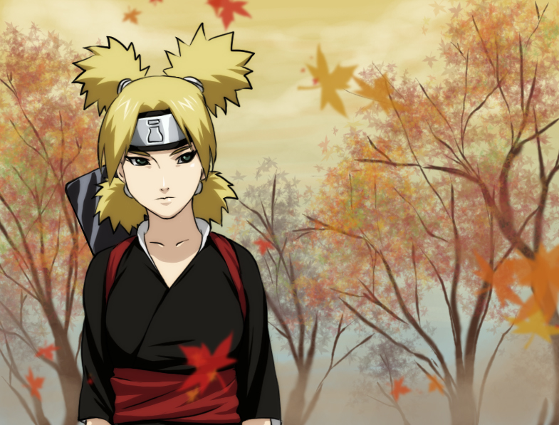 pokefreak, temari (naruto), naruto, blonde hair, green eyes, headband, japanese clothes, leaf, nature, quad tails, short hair, solo, tree