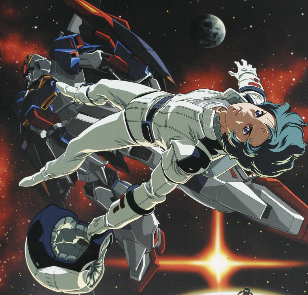 kamille bidan, zeta gundam (mobile suit), gundam, zeta gundam, pilot suit, 1boy, full body, helmet, male focus, mecha, mecha pilot suit, moon, normal suit (gundam), robot, solo, space
