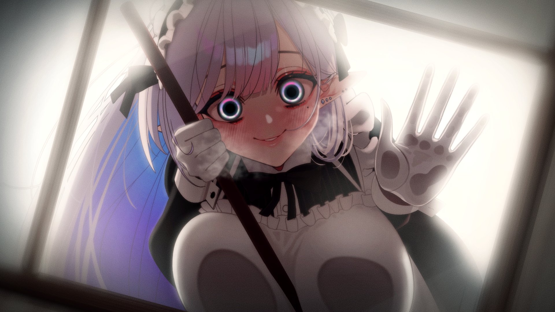 halo sweety (artist), halo sweety, indie virtual youtuber, highres, 1girl, against glass, apron, black dress, blue hair, blush, breasts, breath, colored inner hair, dress, earrings, frilled hairband, frills, gloves, grey hair, hairband, jewelry, lips, long hair, maid, mole, mole under eye, multicolored hair, smile, solo, virtual youtuber, white apron, white gloves, yandere