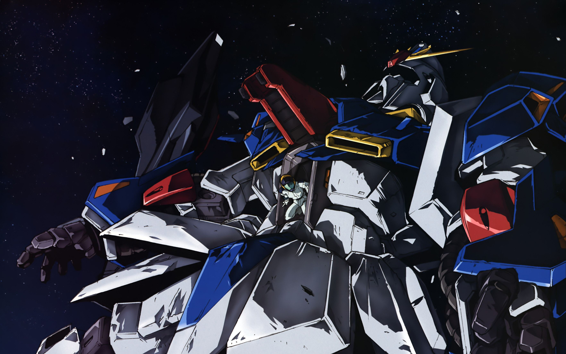 zeta gundam (mobile suit), gundam, zeta gundam, highres, damaged, mecha, robot, solo, space