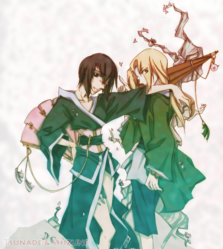 r0yalbl00d, shizune (naruto), tsunade (naruto), naruto (classic), naruto (series), 2girls, androgynous, black hair, blonde hair, brown eyes, character name, female focus, gradient background, green eyes, hand fan, hand on own hip, hip focus, japanese clothes, kimono, knife, long hair, mature female, multiple girls, oil-paper umbrella, one eye closed, pointing, short hair, smile, thigh strap, umbrella, wink