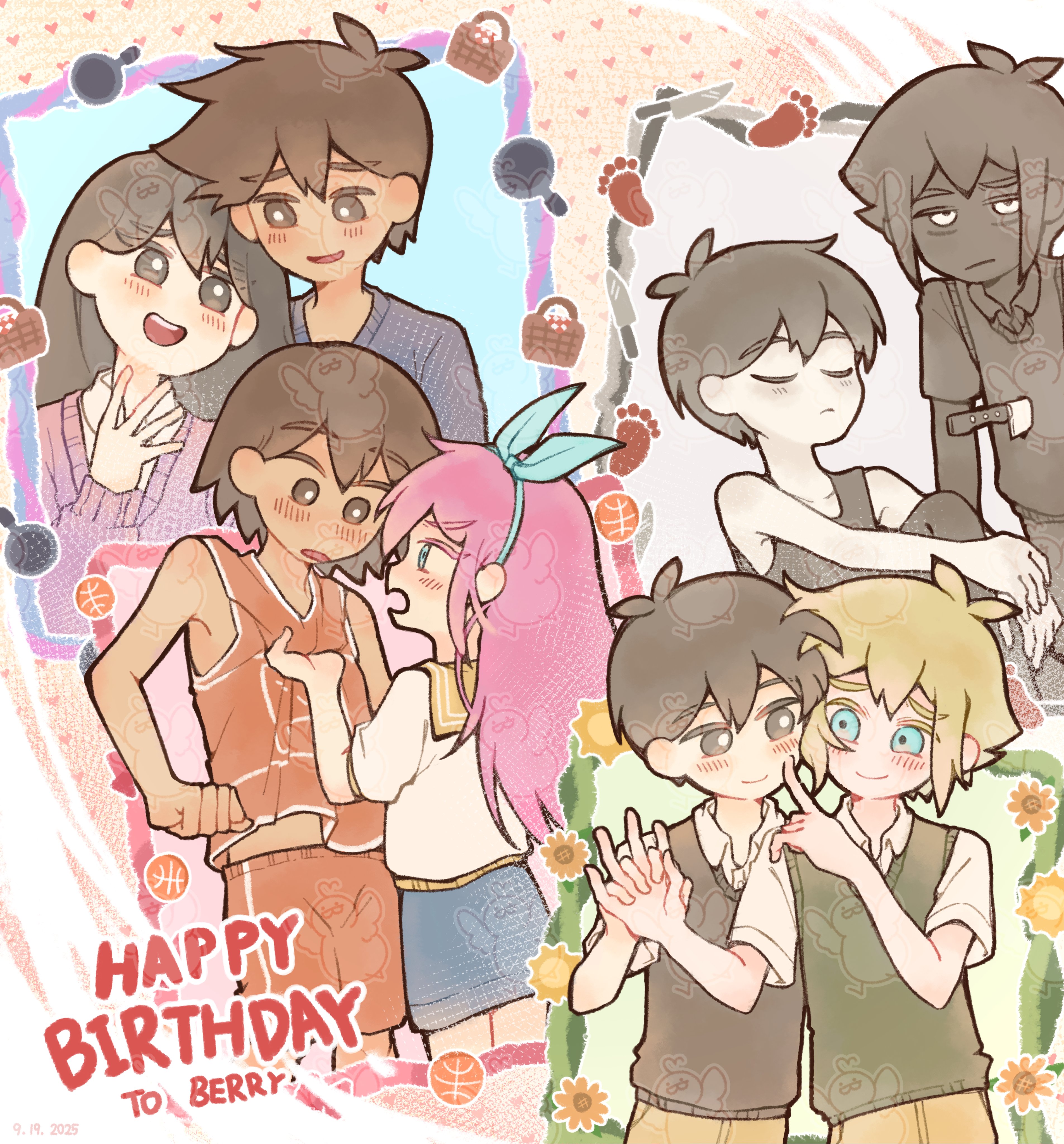 thatbirdcanfly, aubrey (headspace) (omori), aubrey (omori), basil (faraway) (omori), basil (omori), hero (faraway) (omori), hero (omori), kel (faraway) (omori), kel (omori), mari (faraway) (omori), mari (omori), omori (omori), stranger (omori), sunny (omori), omori, absurdres, commentary, english commentary, highres, 2girls, 5boys, :d, antenna hair, ball, bare arms, bare shoulders, basketball (object), black eyes, black hair, black shirt, black skin, black sweater vest, black tank top, blonde hair, blue eyes, blue skirt, blue sweater, blush, bow, bright pupils, brother and sister, brothers, brown background, brown eyes, brown hair, brown pants, cardigan, closed eyes, closed mouth, collared shirt, colored skin, couple, cowboy shot, dark-skinned male, dark skin, denim, denim skirt, double-parted bangs, dual persona, eye contact, face-to-face, finger to another's cheek, flower, frying pan, green sweater vest, hair behind ear, hair between eyes, hand up, happy birthday, hetero, holding hands, hugging own leg, interlocked fingers, jacket, knee up, knife, long hair, long sleeves, looking at another, miniskirt, multiple boys, multiple girls, no sclera, open mouth, orange shorts, orange tank top, pants, picnic basket, puffy long sleeves, puffy short sleeves, puffy sleeves, purple cardigan, red bow, shirt, short hair, short sleeves, shorts, siblings, simple background, sitting, skirt, smile, stab, standing, straight hair, sun, sunflower, sweater, sweater vest, tank top, teeth, too many watermarks, u u, upper body, upper teeth only, very short hair, watermark, white eyes, white jacket, white pupils, white shirt, white skin, yaoi