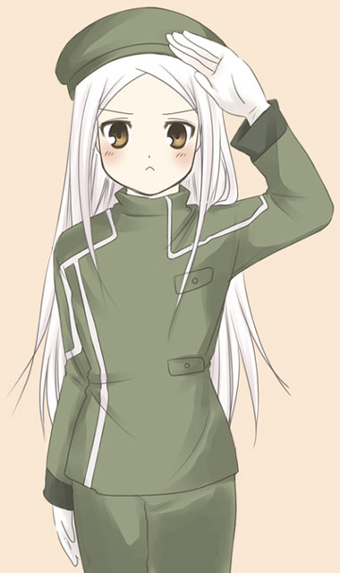 soma peries, gundam, gundam 00, 00s, 1girl, arm up, beret, blush, female focus, hat, long sleeves, looking at viewer, military, military uniform, salute, simple background, solo, white hair