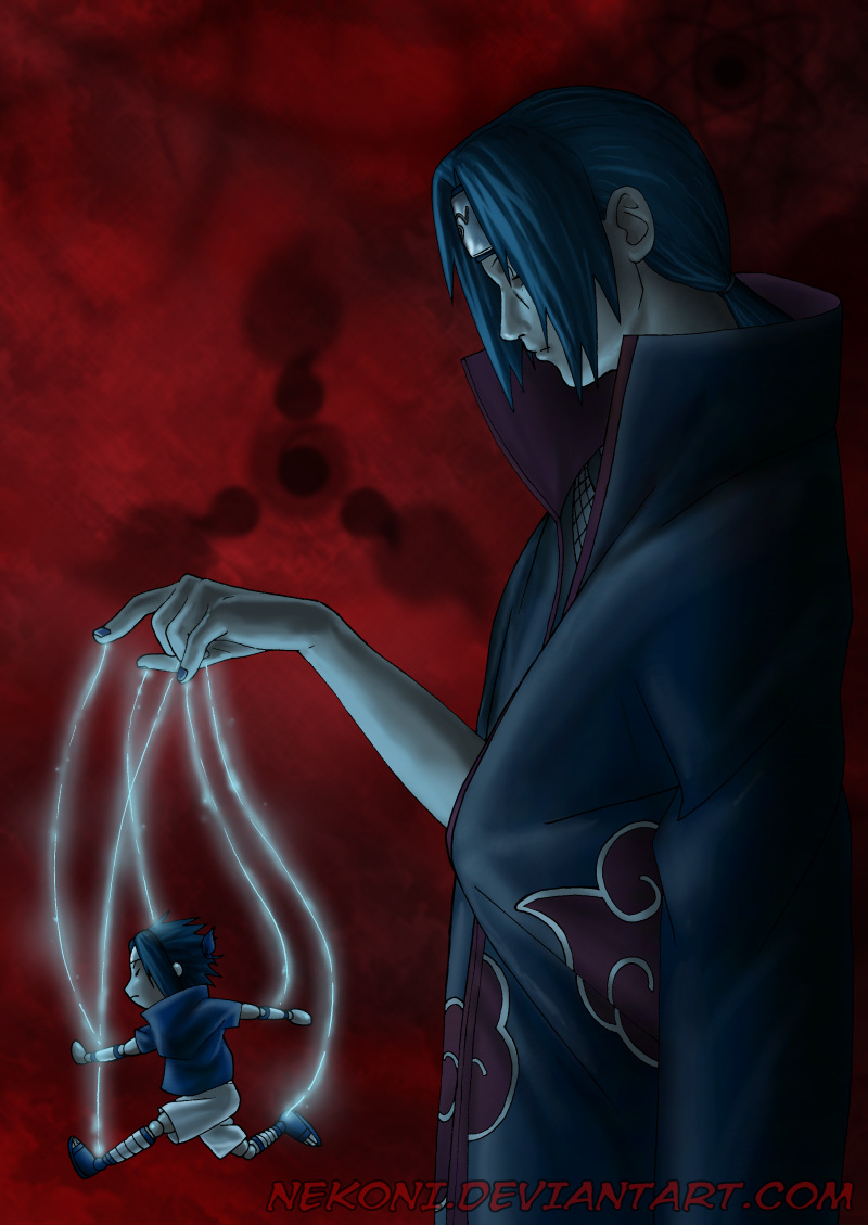 nekoni, uchiha itachi, uchiha sasuke, naruto (classic), naruto (series), brother, 1boy, akatsuki (naruto), black hair, brothers, cloak, family, fishnets, from side, full body, headband, long sleeves, male focus, marionette, nail polish, pale skin, profile, puppet, red eyes, running, sash, siblings, size difference, solo, string, upper body