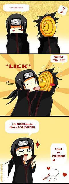 darksahdow, tobi (naruto), uchiha itachi, uchiha obito, naruto (classic), naruto (series), naruto shippuuden, jpeg artifacts, 2boys, 3koma, candy, comic, english text, family, food, heart, licking, lollipop, male focus, multiple boys, musical note