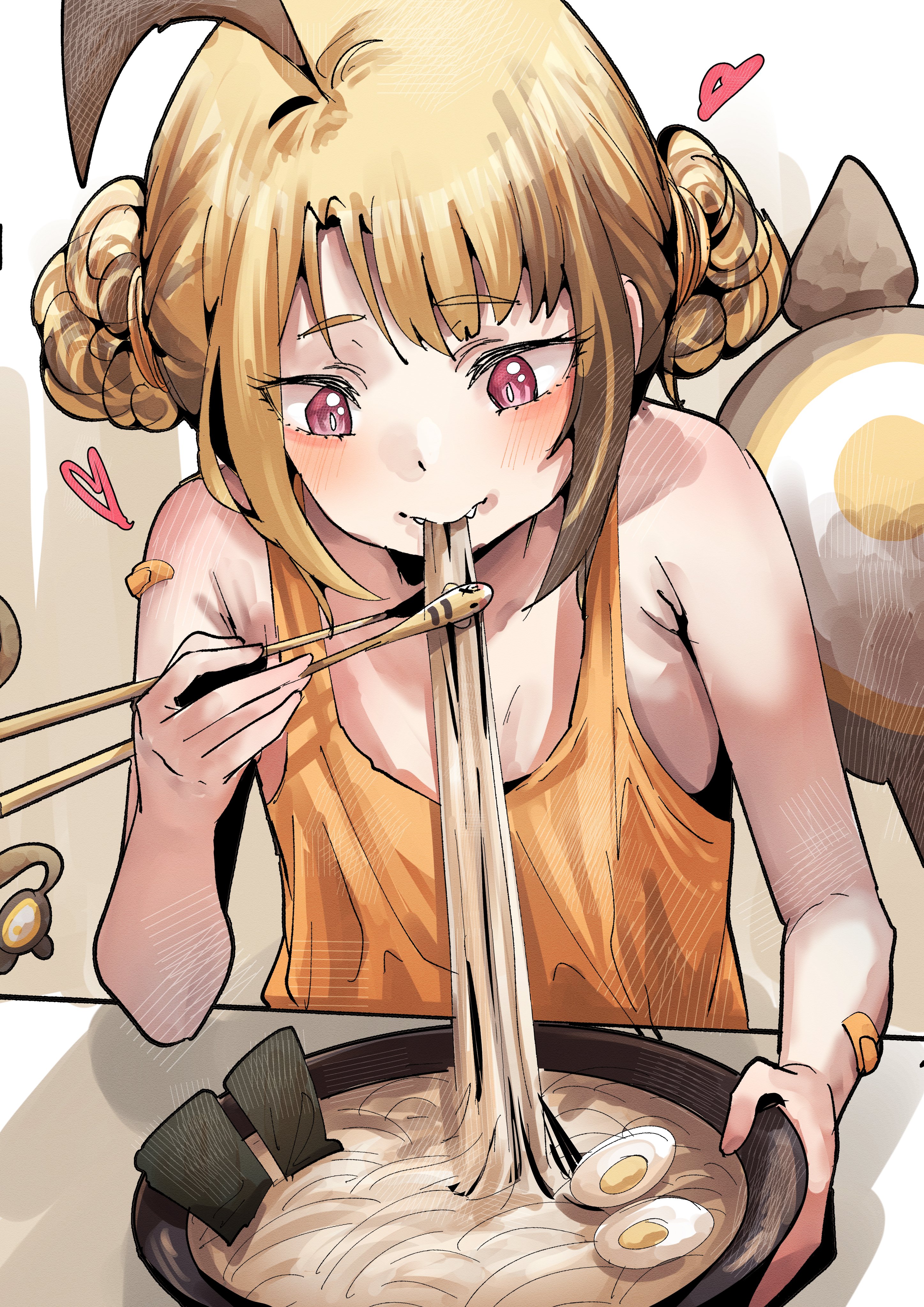 mazo kunn, gigi murin, grem (gigi murin), hololive, hololive english, absurdres, highres, bandages, blonde hair, brown hair, chopsticks, eating, food, multicolored hair, noodles, pink eyes, tail