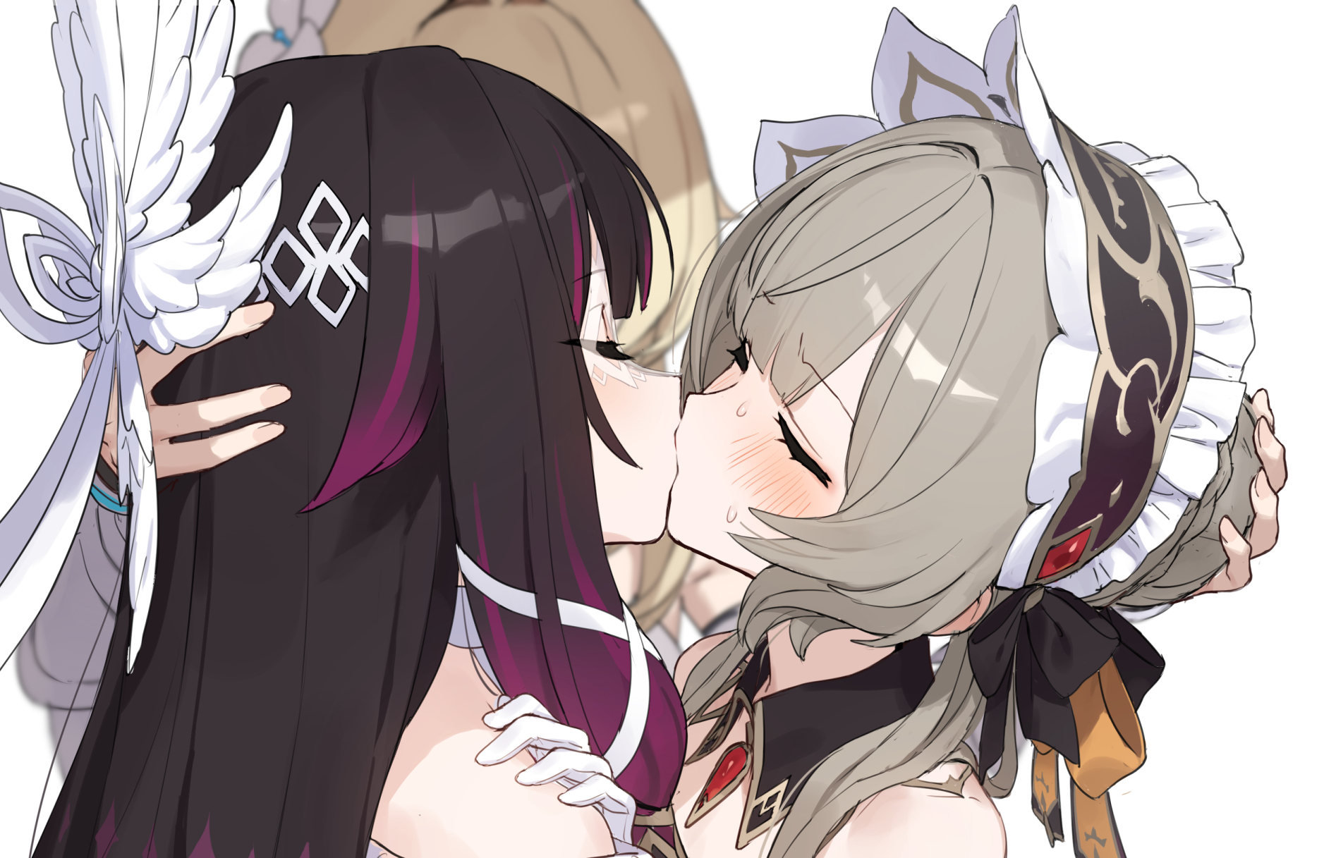 nanmo (nanmokamo), columbina (genshin impact), lumine (genshin impact), sandrone (genshin impact), genshin impact, commentary request, highres, partial commentary, 3girls, bare shoulders, black hair, black hairband, brooch, closed eyes, detached collar, frilled hairband, frills, gloves, grey hair, hairband, jewelry, kiss, multicolored hair, multiple girls, portrait, purple hair, simple background, streaked hair, white background, white gloves, yuri