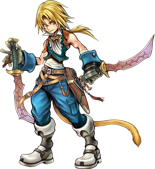 nomura tetsuya, zidane tribal, dissidia final fantasy, final fantasy, final fantasy ix, official art, 00s, 1boy, dagger, dual wielding, full body, holding, knife, male focus, solo, standing, tail, transparent background, weapon