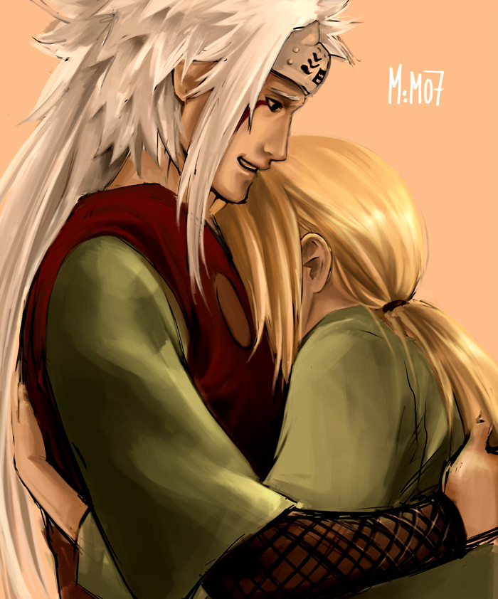 northernbanshee, jiraiya (naruto), tsunade (naruto), naruto (classic), naruto (series), 1boy, 1girl, blonde hair, couple, forehead protector, head on chest, height difference, hetero, hug, japanese clothes, kimono, long hair, netorare, old, old man, ponytail, smile, very long hair, white hair