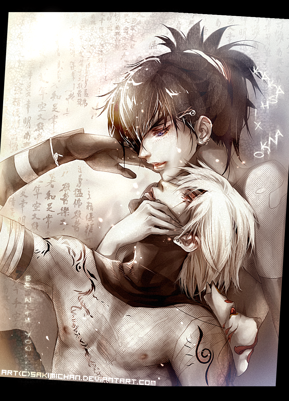 sakimichan, hatake kakashi, mitarashi anko, naruto (classic), naruto (series), highres, 1boy, 1girl, bandages, character name, collarbone, detached sleeves, earrings, flat chest, from side, hair ornament, hairclip, hand up, head back, hetero, jewelry, lips, looking at another, looking down, looking up, mask, neck ring, nipples, parted lips, pectorals, ponytail, profile, scroll, short hair, spiked hair, staring, tattoo, topless female, upper body
