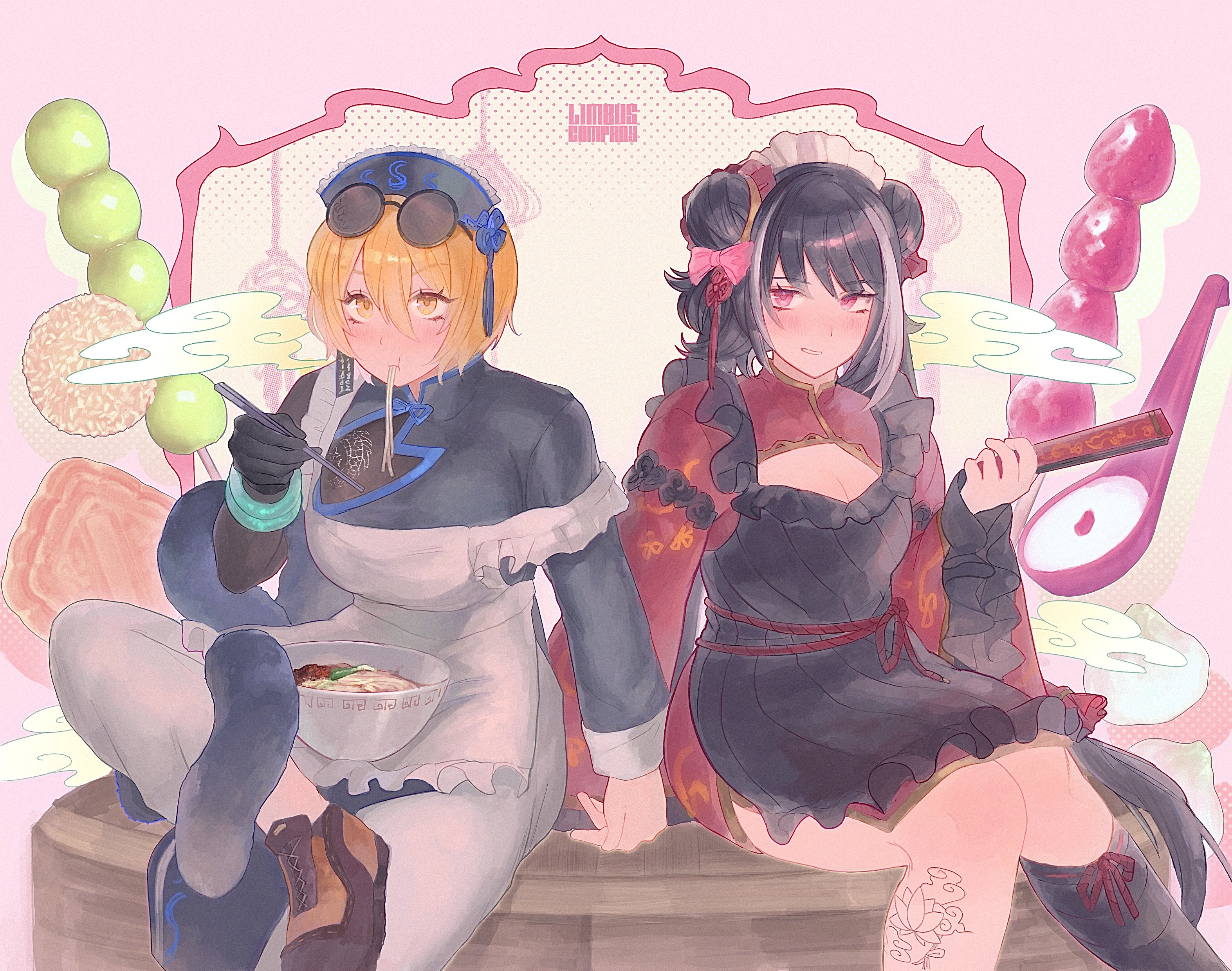 don quixote (project moon), jia xichun (project moon), limbus company, project moon, absurdres, highres, 2girls, adapted costume, apron, arr 1l, black apron, black coat, black dress, black gloves, black hair, black hat, blonde hair, bow, breasts, china dress, chinese clothes, chopsticks, cinq association east uniform, cleavage, cleavage cutout, clothing cutout, coat, double bun, dress, earrings, eating, eyewear on head, food, fruit, gloves, hair bun, hand fan, hat, jade bracelet, jewelry, large breasts, long hair, looking at viewer, maid headdress, multicolored hair, multiple girls, noodles, pink background, pink bow, pink eyes, red dress, red shrug, round eyewear, short hair, shrug (clothing), simple background, single earring, single glove, sitting, strawberry, streaked hair, sunglasses, twintails, upper body, white apron, yellow eyes