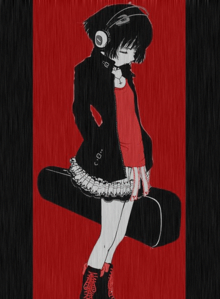 yasohachi ryou, animated, animated gif, black hair, closed eyes, full body, headphones, instrument case, jacket, jewelry, necklace, rain, short hair, skirt, standing