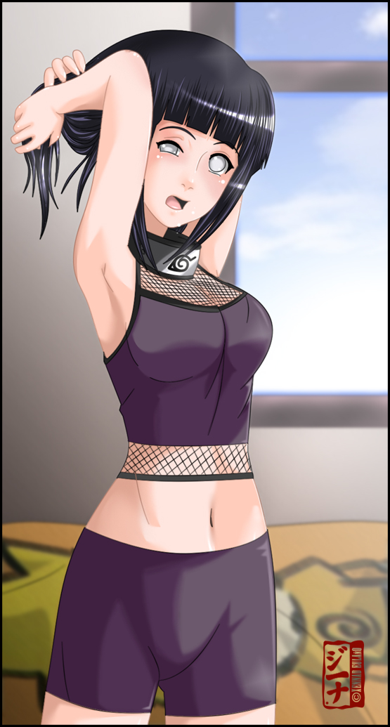dannex009, hyuuga hinata, naruto (classic), naruto (series), 1girl, armpits, black hair, blush, female focus, indoors, long hair, midriff, navel, open mouth, shorts, solo, white eyes, window