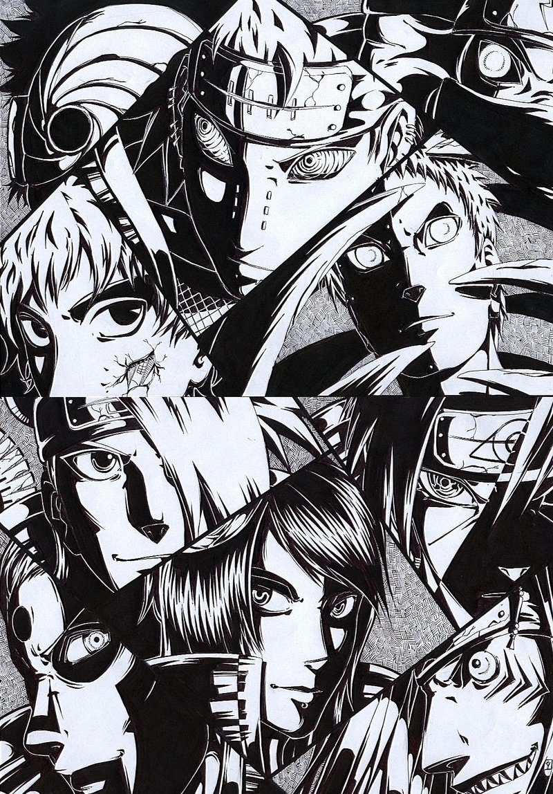 magdalena zwierzchowska, deidara (naruto), hidan (naruto), hoshigaki kisame, kakuzu (naruto), konan (naruto), pain (naruto), pain (tendo), sasori (naruto), tobi (naruto), uchiha itachi, uchiha obito, zetsu (naruto), naruto (classic), naruto (series), naruto shippuuden, 1girl, 6+boys, akatsuki (naruto), close-up, closed eyes, closed mouth, dedira, expressionless, face piercing, gills, greyscale, head tilt, headband, kisame hoshigaki, labret piercing, looking at viewer, monochrome, monster boy, multiple boys, piercing, plant boy, shaded face, smirk