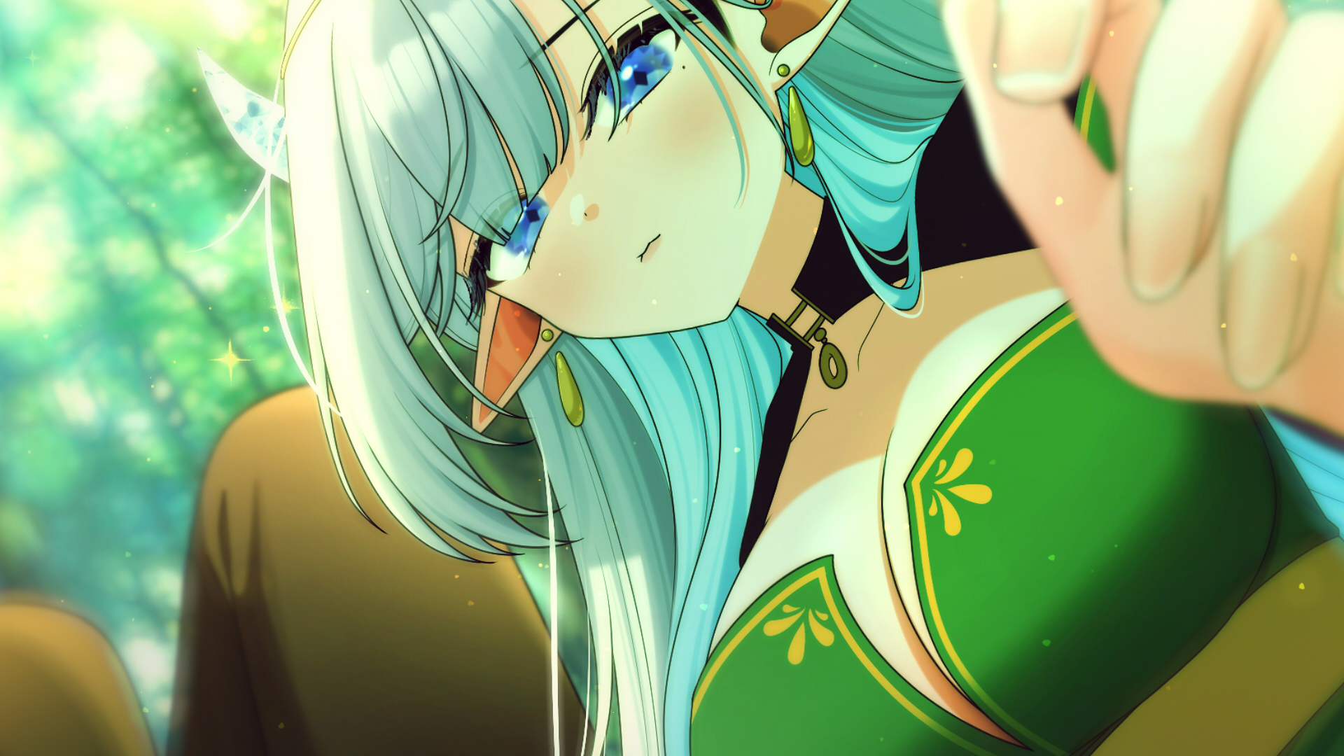halo sweety (artist), halo sweety, indie virtual youtuber, highres, 1girl, blue eyes, blurry, blurry background, breasts, closed mouth, collarbone, earrings, forest, from below, gold earrings, grey hair, horns, jewelry, lap pov, large breasts, long hair, mole, mole under eye, nature, pointy ears, virtual youtuber