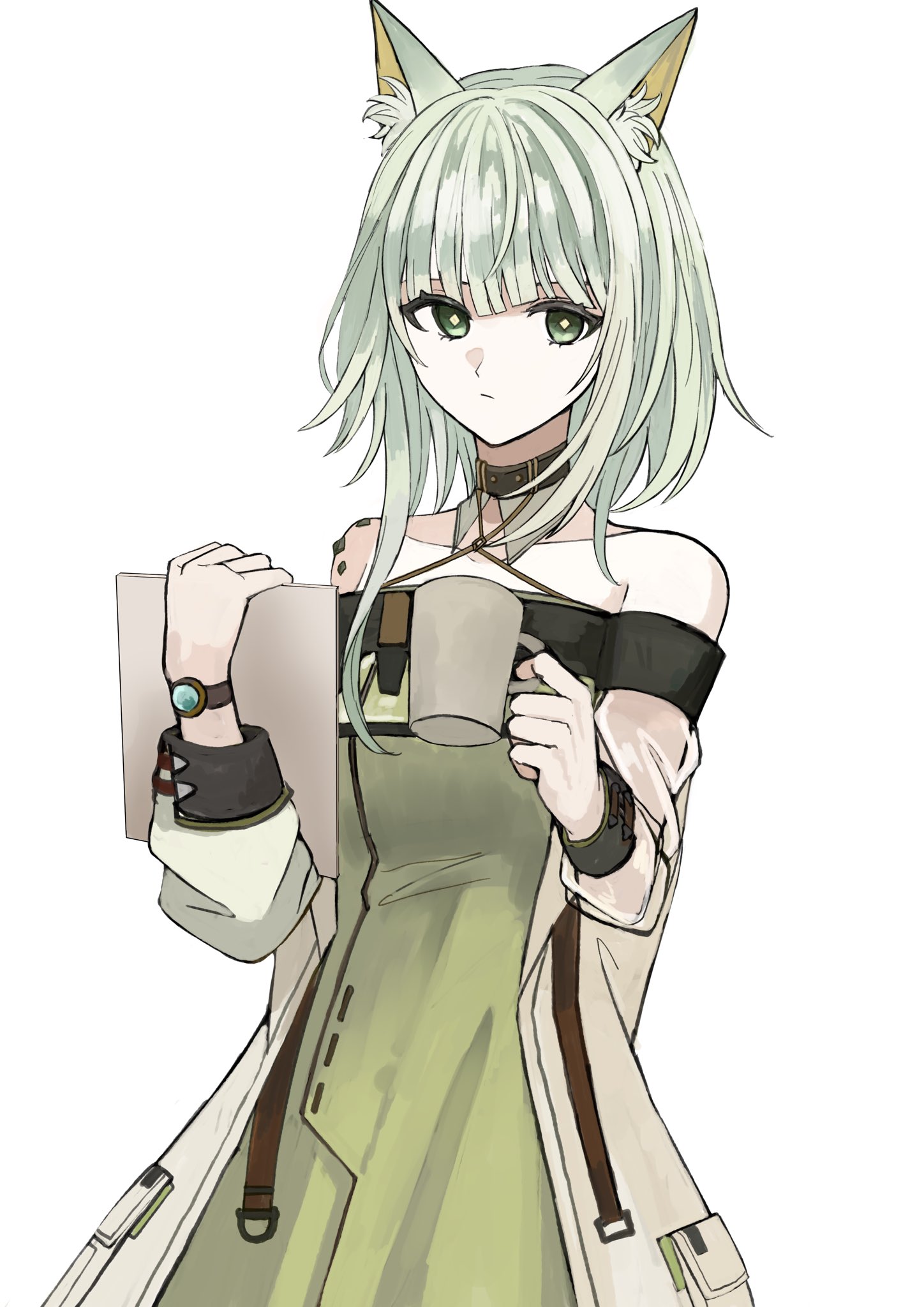udo (akn otk), kal'tsit (arknights), arknights, highres, 1girl, animal ear fluff, animal ears, bare shoulders, clipboard, closed mouth, cowboy shot, cup, diamond-shaped pupils, diamond (shape), green eyes, green hair, halterneck, holding, holding clipboard, long sleeves, looking at viewer, material growth, mug, off shoulder, oripathy lesion (arknights), short hair with long locks, simple background, solo, standing, symbol-shaped pupils, watch, white background, wristwatch, yellow pupils