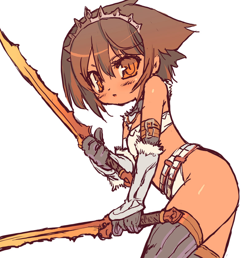 blade (galaxist), capcom, monster hunter (series), bad id, bad pixiv id, ass, brown eyes, brown hair, crown, gloves, hat, solo, sword, thighhighs, weapon
