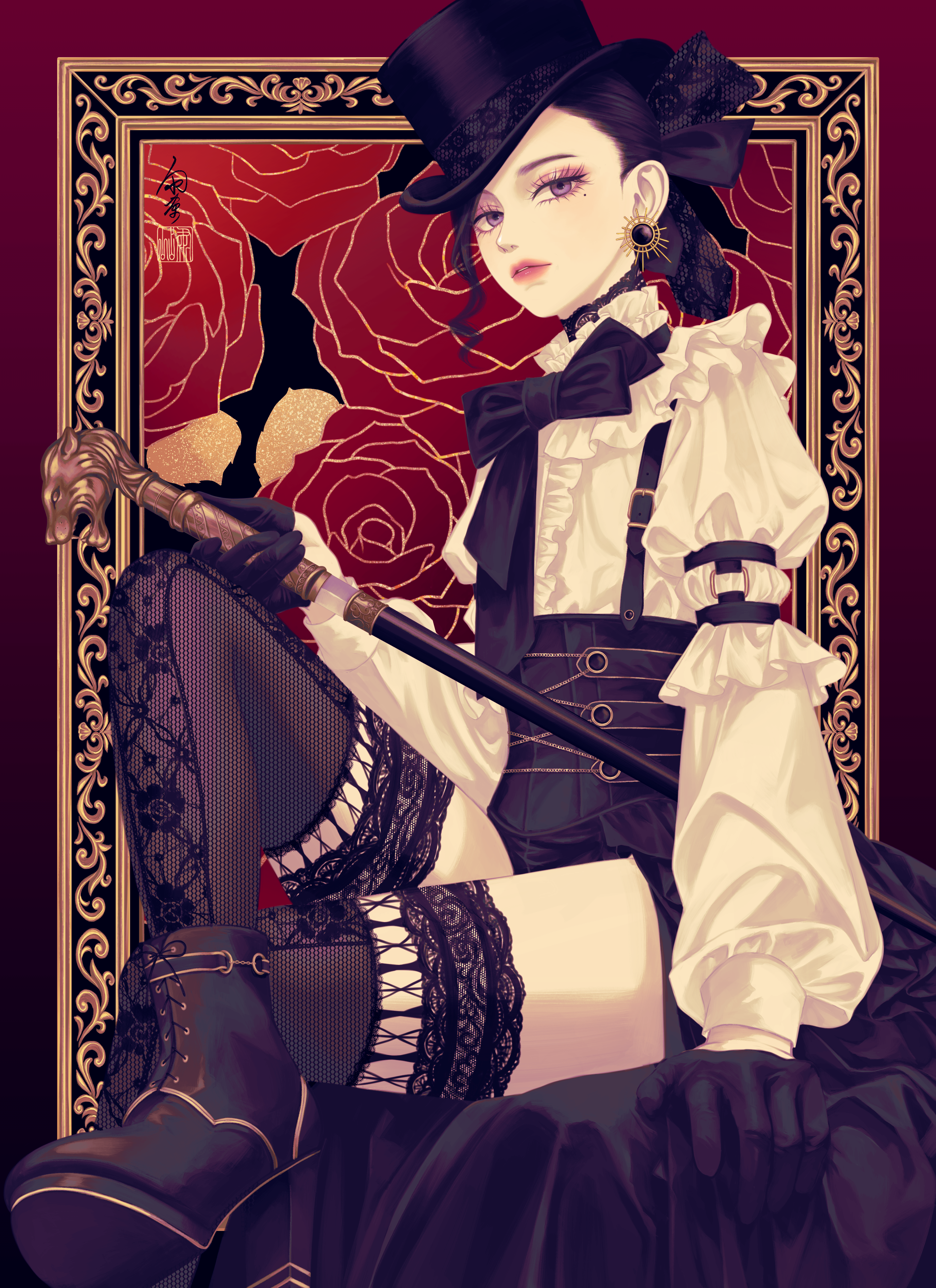 ushiyama ame, original, absurdres, highres, 1girl, black gloves, black hair, black thighhighs, boots, cane, corset, crossed legs, eyelashes, flower, frilled shirt collar, frills, gloves, hat, high heel boots, high heels, holding, holding cane, lace, lace thighhighs, lips, long sleeves, looking at viewer, rose, shirt, sitting, solo, thighhighs, top hat, white shirt
