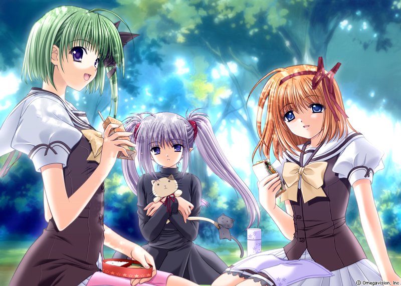 nishimata aoi, suzuhira hiro, fuyou kaede, primula, shigure asa, shuffle!, official art, 00s, 3girls, bento, blue eyes, cowboy shot, female focus, green hair, multiple girls, orange hair, outdoors, picnic, plant, purple eyes, purple hair, school uniform, serafuku, sitting, tree, twintails