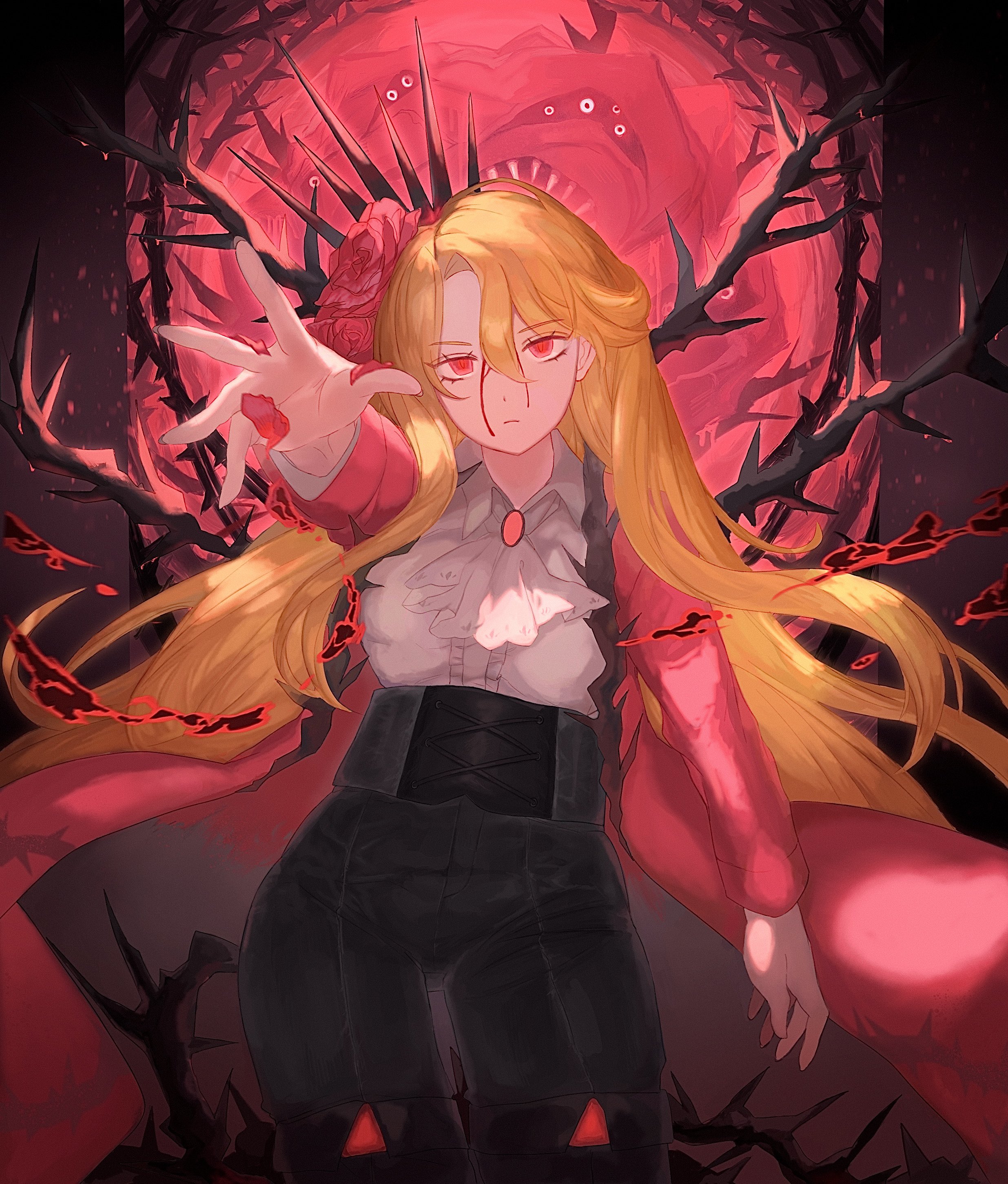 don quixote (project moon), sancho (project moon), limbus company, project moon, absurdres, highres, 1girl, arr 1l, ascot, black corset, black crown, blonde hair, blood, blood on face, coat, collared shirt, corset, crown, e.g.o (project moon), flower, four-hundred roses, gem, hair flower, hair ornament, head spikes, long hair, long sleeves, looking at viewer, parted bangs, reaching, reaching towards viewer, red background, red coat, red eyes, red flower, red gemstone, red rose, rose, shirt, simple background, solo, standing, thorns, upper body, white ascot, white shirt, yearning-mircalla (e.g.o)