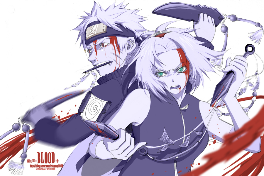 cynthi, haruno sakura, uzumaki naruto, naruto (classic), naruto (series), 1boy, 1girl, armlet, bare shoulders, blood, blue theme, clenched teeth, facial mark, green eyes, headband, holding, holding weapon, injury, jewelry, knife, kunai, monochrome, motion blur, mouth hold, ponytail, red eyes, short hair, simple background, spot color, teeth, vest, weapon, whisker markings, white background