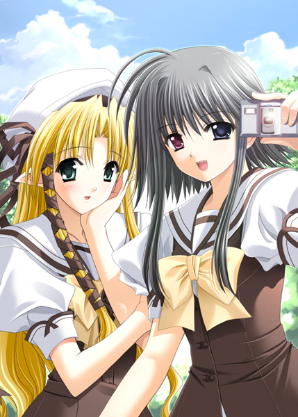 nishimata aoi, suzuhira hiro, kareha, mayumi thyme, shuffle!, 00s, black hair, blonde hair, bow, camera, green eyes, heterochromia, long hair, school uniform, serafuku, short hair with long locks