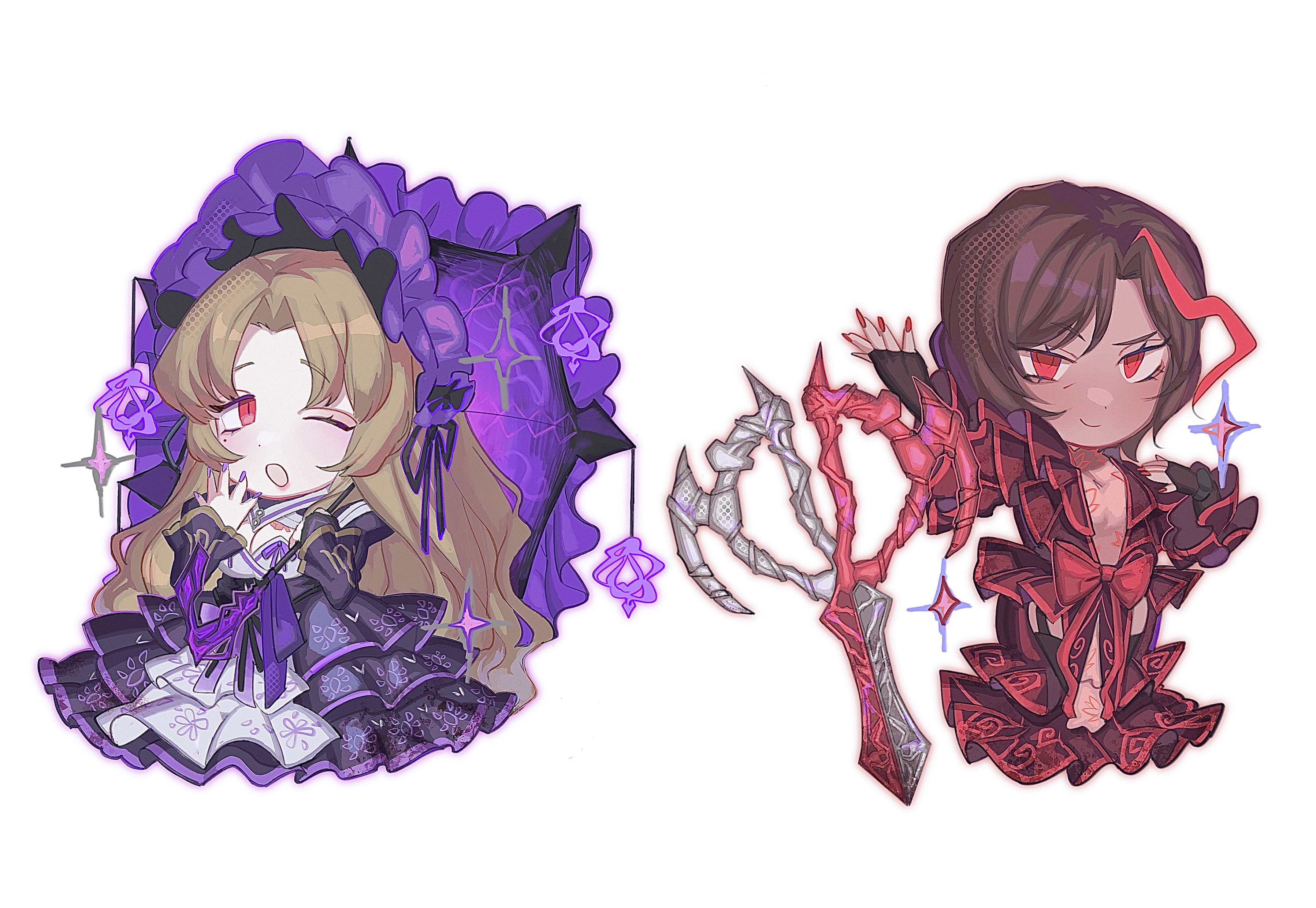 outis (project moon), rodion (project moon), limbus company, project moon, absurdres, highres, 2girls, :o, arr 1l, black bridal gauntlets, black dress, bonnet, bow, breast tattoo, breasts, bridal gauntlets, brown hair, chibi, cleavage, dark-skinned female, dark skin, dress, full body, la manchaland (identity) (project moon), large breasts, long hair, long sleeves, looking at viewer, multiple girls, one eye closed, open mouth, parted bangs, purple bonnet, purple nails, purple ribbon, purple umbrella, red bow, red dress, red eyes, red nails, red streaks, ribbon, scissors, short hair, simple background, standing, tattoo, umbrella, white background, yawning