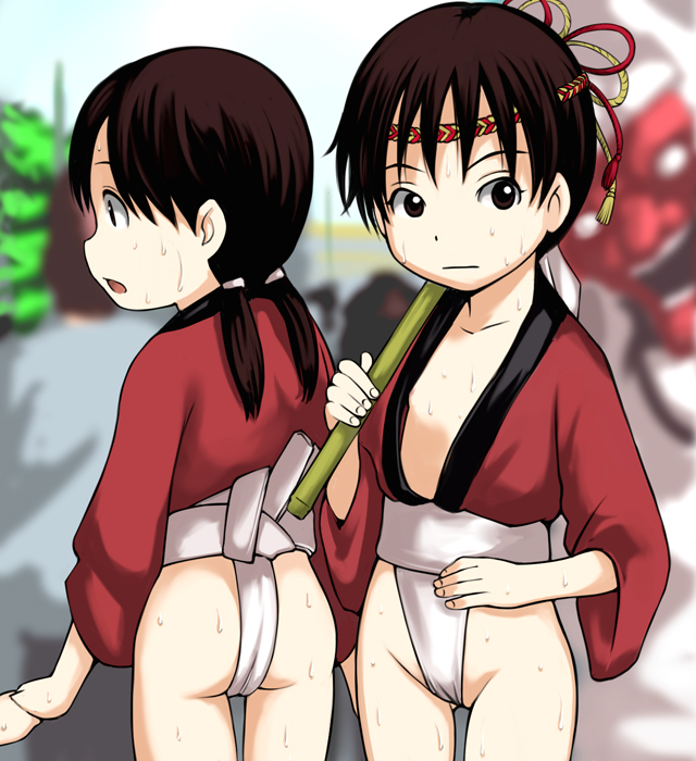 e10, ayase ena, hayasaka miura, yotsubato!, ass, black eyes, brown hair, flat chest, fundoshi, japanese clothes, mizu happi, short hair, sweat