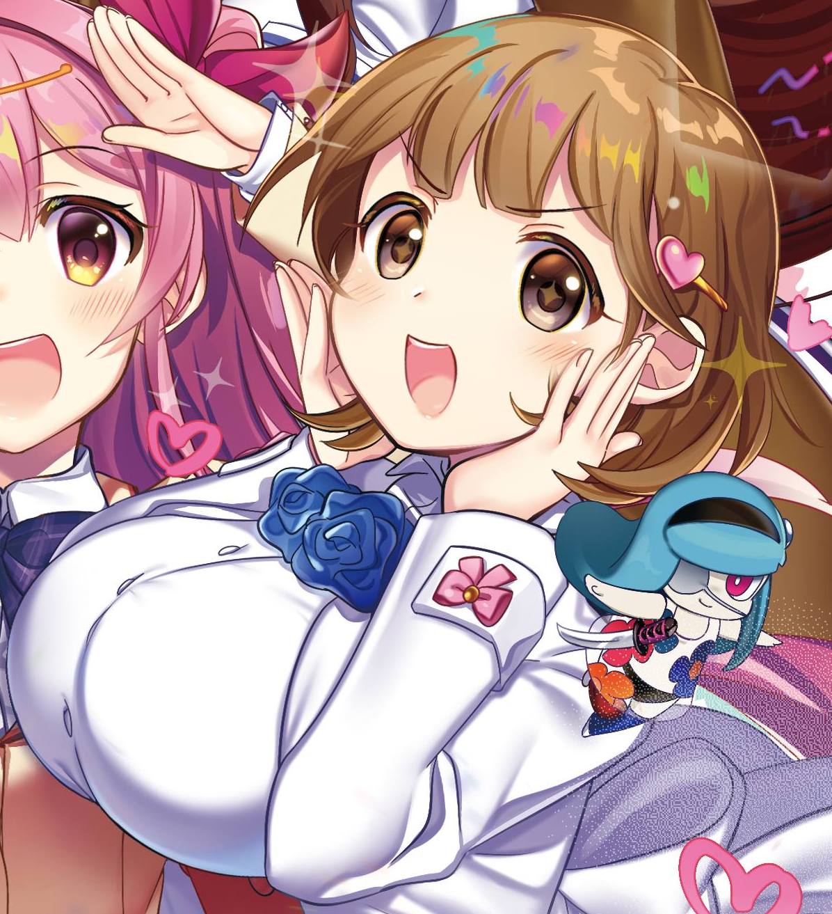 rotte (1109), makise kurisu, narusawa ryouka, sakihata rimi, zonko (occultic;nine), chaos;head, occultic;nine, science adventure, steins;gate, highres, 3girls, buttons, coat, collared shirt, dress shirt, hair ornament, heart, heart button, heart hair ornament, high-waist skirt, in-franchise crossover, miniskirt, multiple girls, necktie, open mouth, pink skirt, plaid clothes, plaid necktie, school uniform, shirt, skirt, smile, suimei academy school uniform, tongue, white coat, white shirt