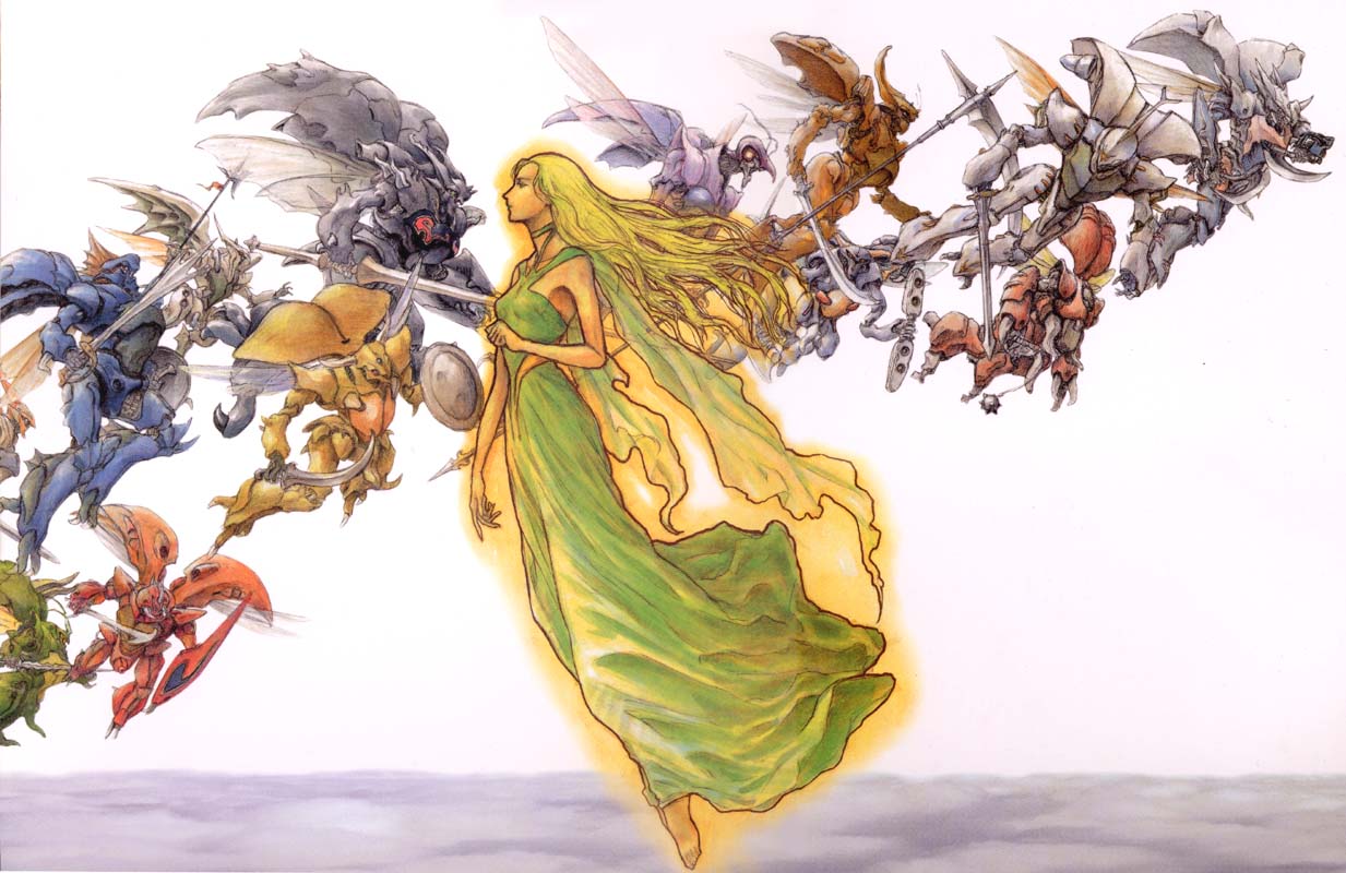 izubuchi yutaka, bastole, billbine, billinbee, botune, bozune, dana o'shee, drumlo, dunbine, gedo, leprechaun, vierres, wryneck, zwarth, seisenshi dunbine, 1980s (style), 1girl, blonde hair, closed eyes, dress, floating, flying, from side, green dress, head back, holding, holding weapon, insect wings, lance, long hair, long sleeves, mecha, oldschool, polearm, retro artstyle, robot, shield, simple background, spear, sword, very long hair, weapon, white background, wings