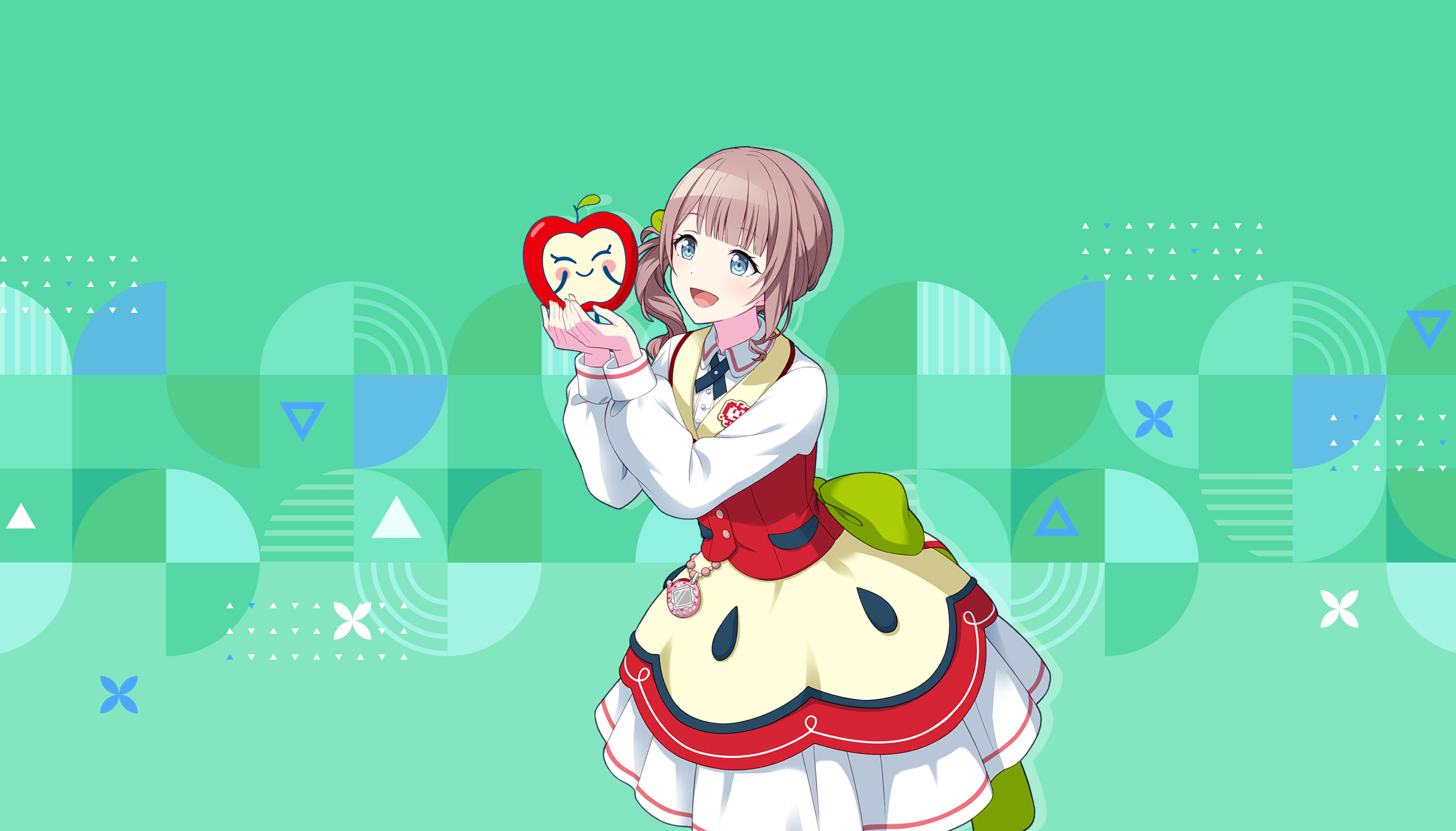 colorful palette, mochizuki honami, project sekai, tamagotchi, game cg, highres, official art, third-party source, 1girl, :d, ^ ^, apple print, blue eyes, blush, brown hair, closed eyes, closed mouth, collared dress, dress, food print, fruit print, green background, holding, long sleeves, open mouth, red vest, ringotchi, side ponytail, smile, tamagotchi (creature), tamagotchi (virtual pet), tongue, triangle, vest, virtual pet (toy), white dress