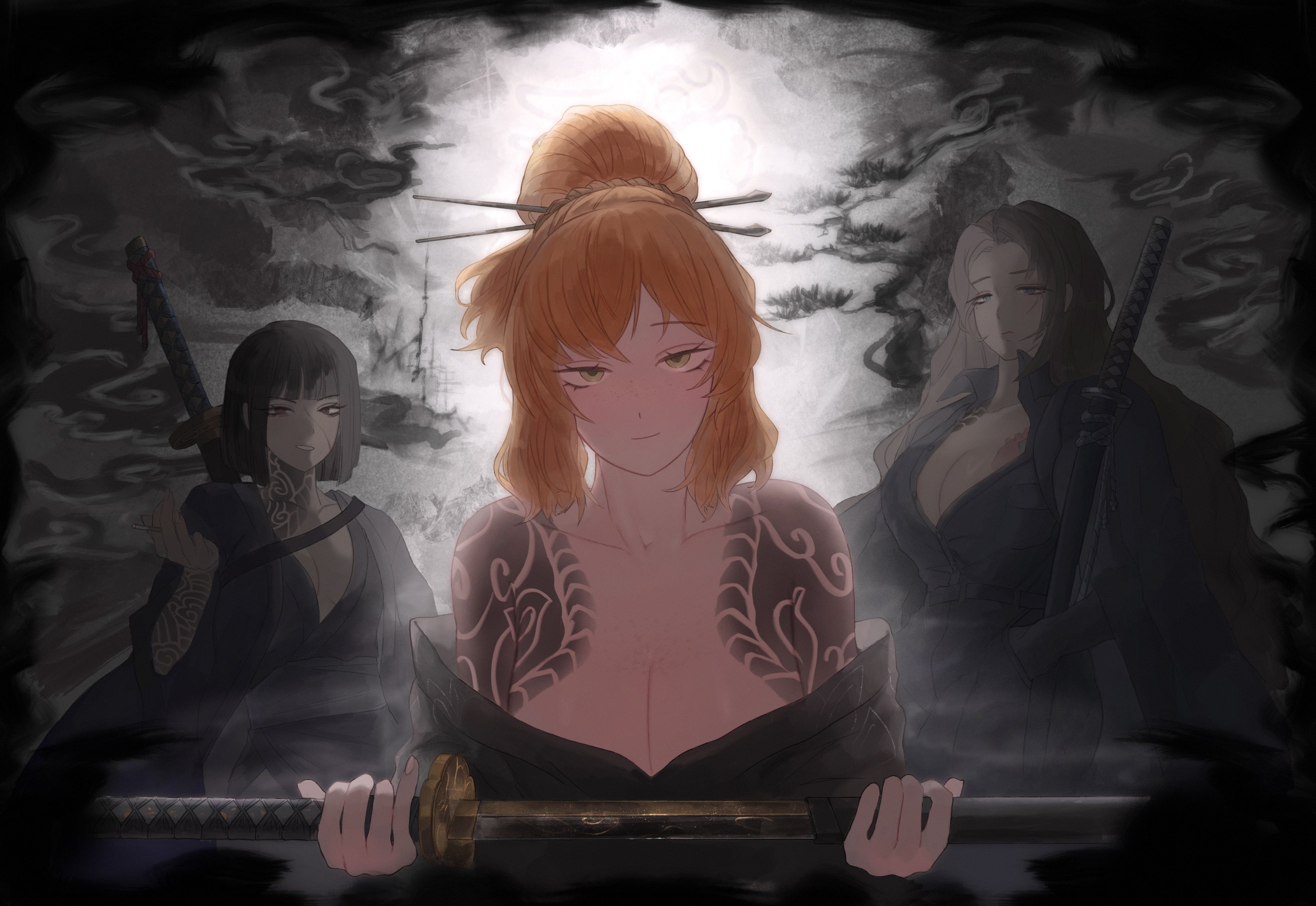 ishmael (project moon), rodion (project moon), ryoshu (project moon), kurokumo clan (identity) (project moon), limbus company, project moon, absurdres, highres, 3girls, arr 1l, black coat, black hair, black kimono, black shirt, blue eyes, breasts, brown hair, cleavage, cloud tattoo, coat, coat on shoulders, collared shirt, freckles, green eyes, grey background, hair ornament, hair stick, holding, holding sword, holding weapon, irezumi, japanese clothes, katana, kimono, large breasts, long hair, looking at viewer, multiple girls, orange hair, red eyes, sheath, shirt, shoulder tattoo, simple background, smoke, standing, sword, tattoo, unsheathing, upper body, weapon