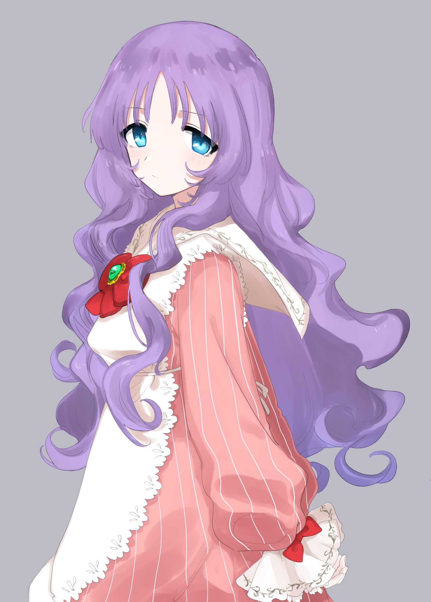 eurasia (wtp09ptw14), francoise (eurasia), original, commentary request, highres, 1girl, aged down, blue eyes, bow, brooch, choppy bangs, closed mouth, cowboy shot, dress, gem, green gemstone, grey background, jewelry, long hair, long sleeves, looking at viewer, pink dress, purple hair, red bow, simple background, solo, striped clothes, striped dress, vertical-striped clothes, vertical-striped dress