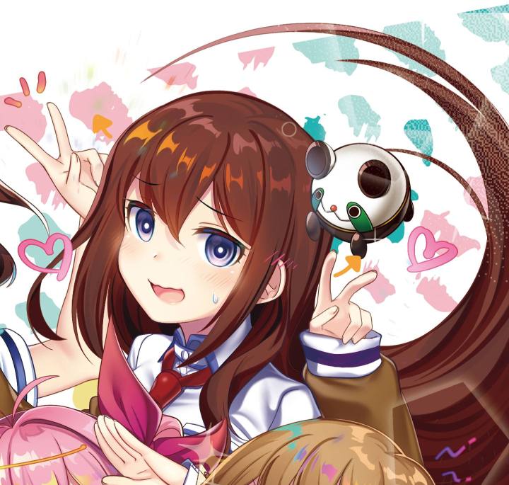 rotte (1109), makise kurisu, narusawa ryouka, sakihata rimi, senomiya akiho, upa (steins;gate), chaos;head, occultic;nine, robotics;notes, science adventure, steins;gate, shiny lips, arm belt, breast pocket, breasts, brown hair, brown jacket, chuo tanegashima high school uniform, collared shirt, embarrassed, fingernails, hair between eyes, hair over shoulder, in-franchise crossover, jacket, jacket partially removed, long hair, looking at viewer, necktie, open mouth, pocket, purple eyes, purple trim, red necktie, ringed eyes, school uniform, shirt, small breasts, tongue, v, very long hair, wavy mouth, white shirt