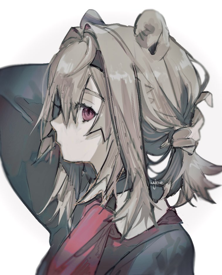 absinthe (arknights), absinthe (noon twilight) (arknights), arknights, commentary, 1girl, adjusting hair, animal ears, arm up, bear ears, black hairband, blurry, collared dress, dress, grey dress, grey eyes, grey hair, hair intakes, hairband, looking at viewer, medium hair, neckerchief, portrait, profile, red neckerchief, sidelocks, sideways glance, signature, ujoe 7hr, white background