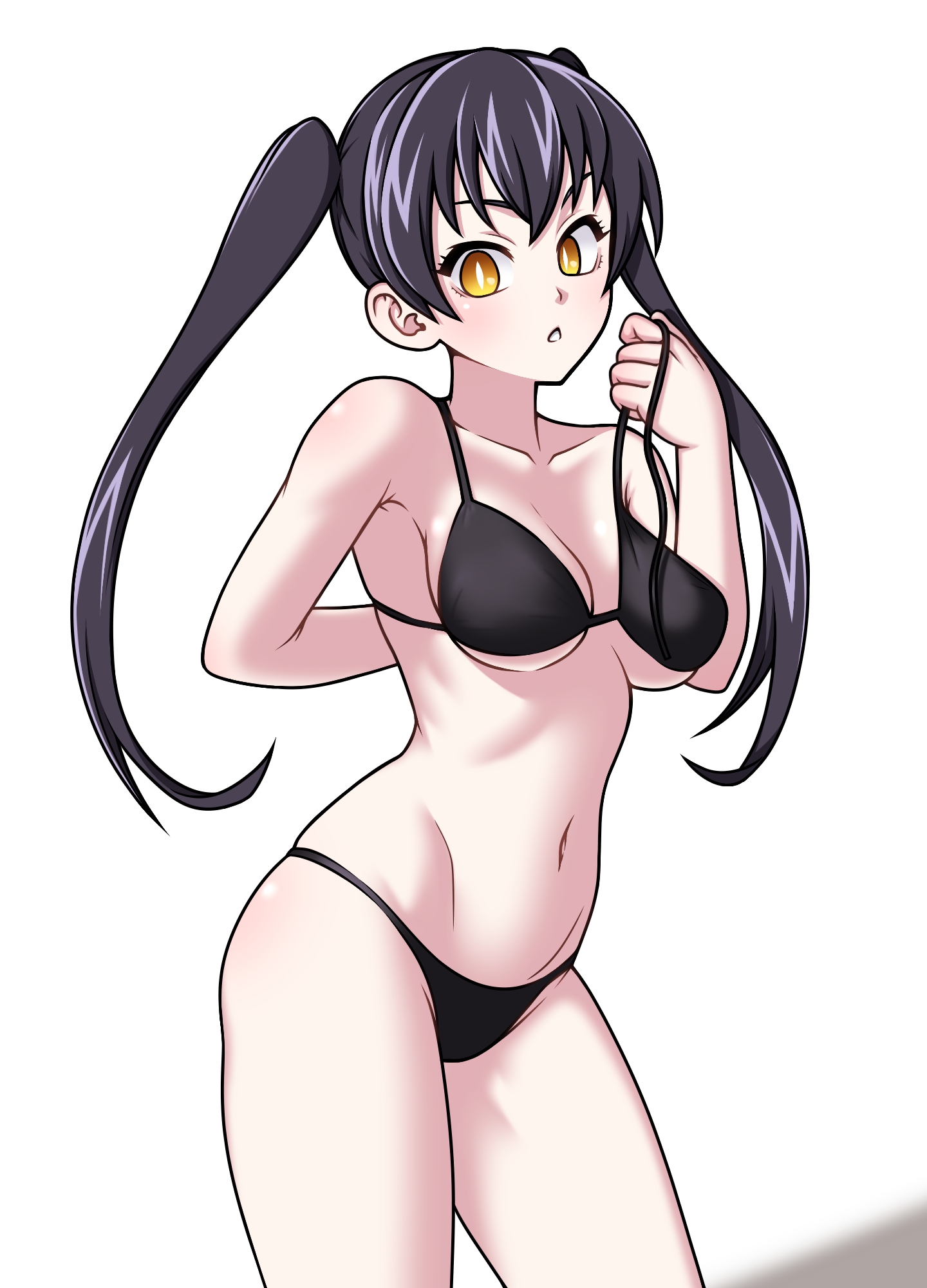 eron, tamaki kotatsu, en'en no shouboutai, highres, 1girl, arm behind back, bikini, black bikini, black hair, breasts, collarbone, cowboy shot, female focus, large breasts, looking at viewer, looking to the side, navel, parted lips, simple background, solo, standing, swimsuit, teeth, twintails, white background, yellow eyes