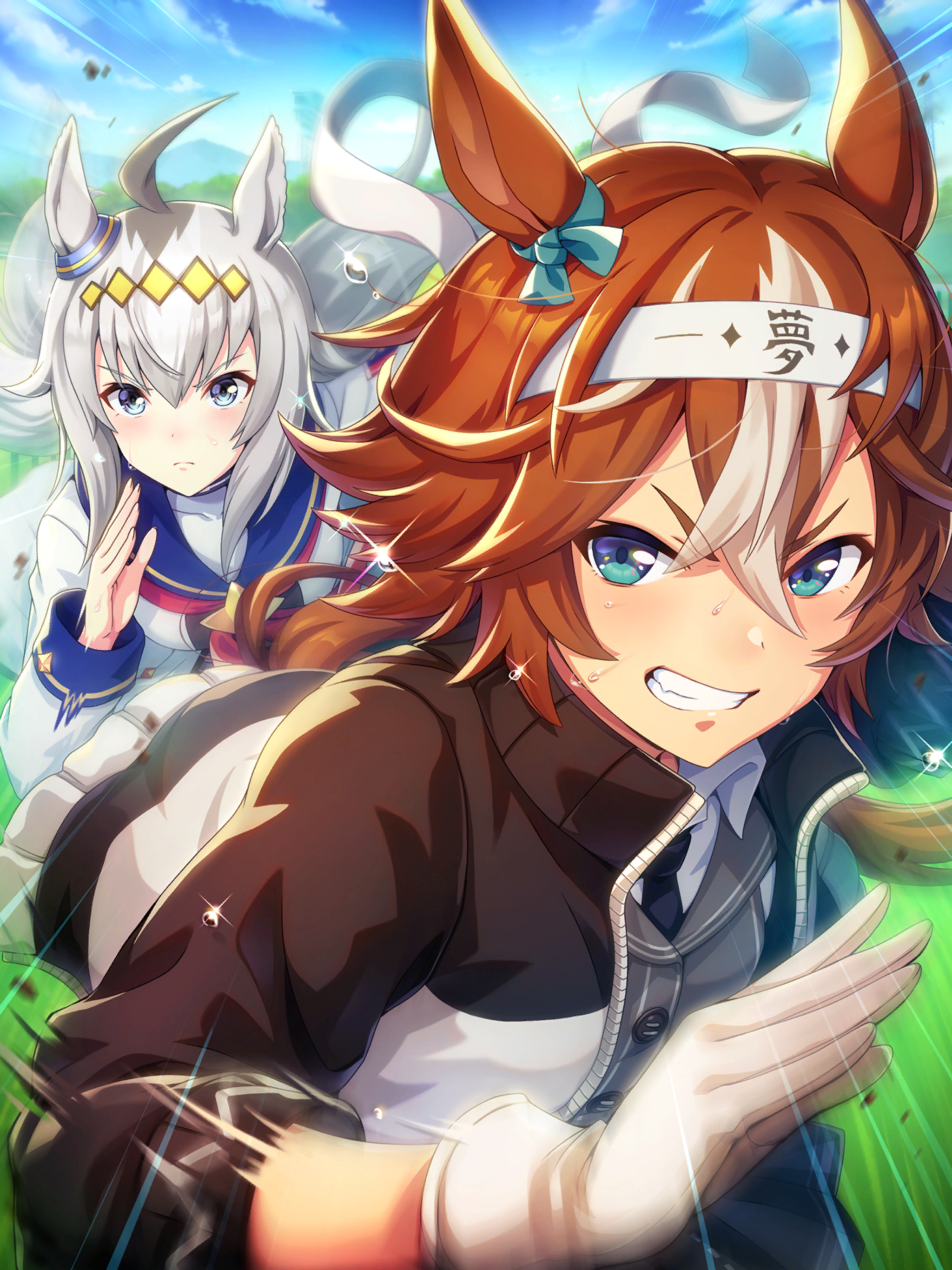 zuppin (yamayu), bamboo memory (ambition of the black iron) (umamusume), bamboo memory (umamusume), oguri cap (starlight beat) (umamusume), oguri cap (umamusume), umamusume, absurdres, artist request, game cg, highres, official art, 2girls, ahoge, animal ears, aqua bow, aqua eyes, black jacket, blue eyes, blue sailor collar, blue skirt, blue sky, bow, brooch, brown hair, clenched teeth, closed mouth, cloud, collared jacket, collared shirt, collared vest, covered collarbone, cowboy shot, crossed bangs, day, determined, diamond hairband, ear bow, ear ornament, emphasis lines, fang, field, floating clothes, glint, gloves, grey hair, grey vest, hair between eyes, hairband, headband, high collar, horse ears, horse girl, horse tail, jacket, jewelry, light frown, miniskirt, mountainous horizon, multicolored hair, multicolored jacket, multiple girls, neckerchief, nervous sweating, open clothes, open jacket, outdoors, outstretched arm, pleated skirt, racing, red neckerchief, running, sailor collar, shirt, short hair, skirt, sky, star brooch, streaked hair, sweat, tail, teeth, track jacket, tree, tsurime, two-tone jacket, v-shaped eyebrows, vest, white gloves, white headband, white jacket, white shirt, yellow hairband