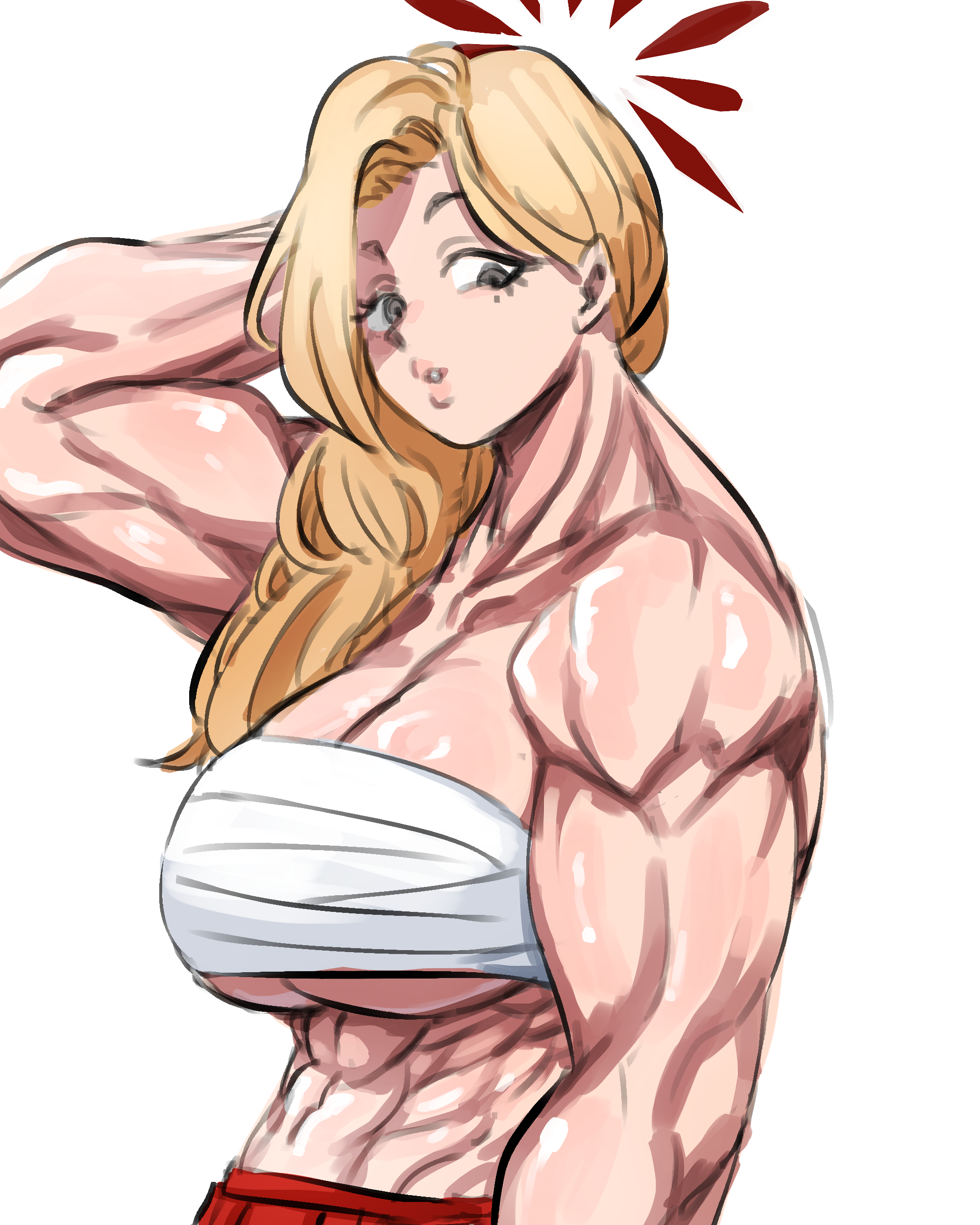 neophyte, akemi (blue archive), blue archive, absurdres, commentary, highres, 1girl, abs, arm behind head, blonde hair, breasts, chest sarashi, forehead, halo, large breasts, long hair, looking at viewer, mole, mole under eye, muscular, muscular female, sarashi, simple background, solo, stomach, upper body, white background