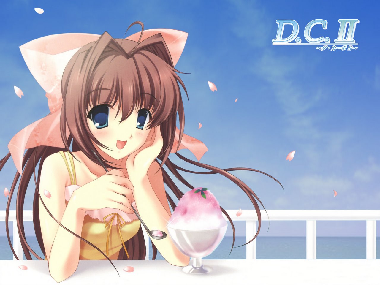 kayura yuka, asakura otome, da capo, da capo ii, jpeg artifacts, 00s, 1girl, blue eyes, brown hair, female focus, food, hair ribbon, ponytail, ribbon, shaved ice, solo